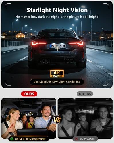 Starlight Night Vision  
No matter how dark the night is, the picture is still bright:  
RA KL 8136  
4K ULTRA HD  
See Clearly in Low-Light Conditions  

OURS vs OTHERS  
LARGE F1.8/F2.0 Apertures  
Blurry & Dark