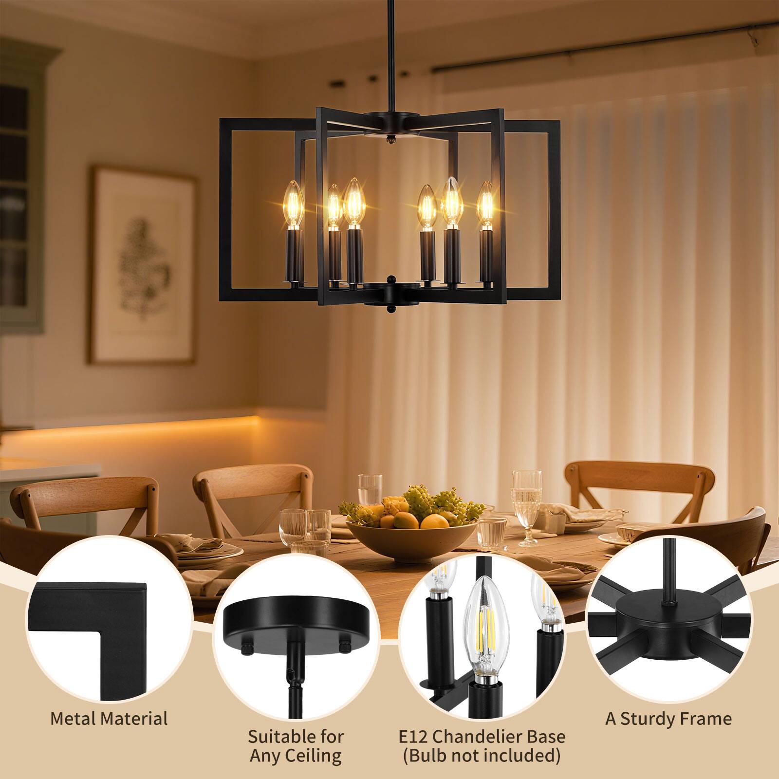 - Metal Material
- Suitable for Any Ceiling
- E12 Chandelier Base (Bulb not included)
- A Sturdy Frame