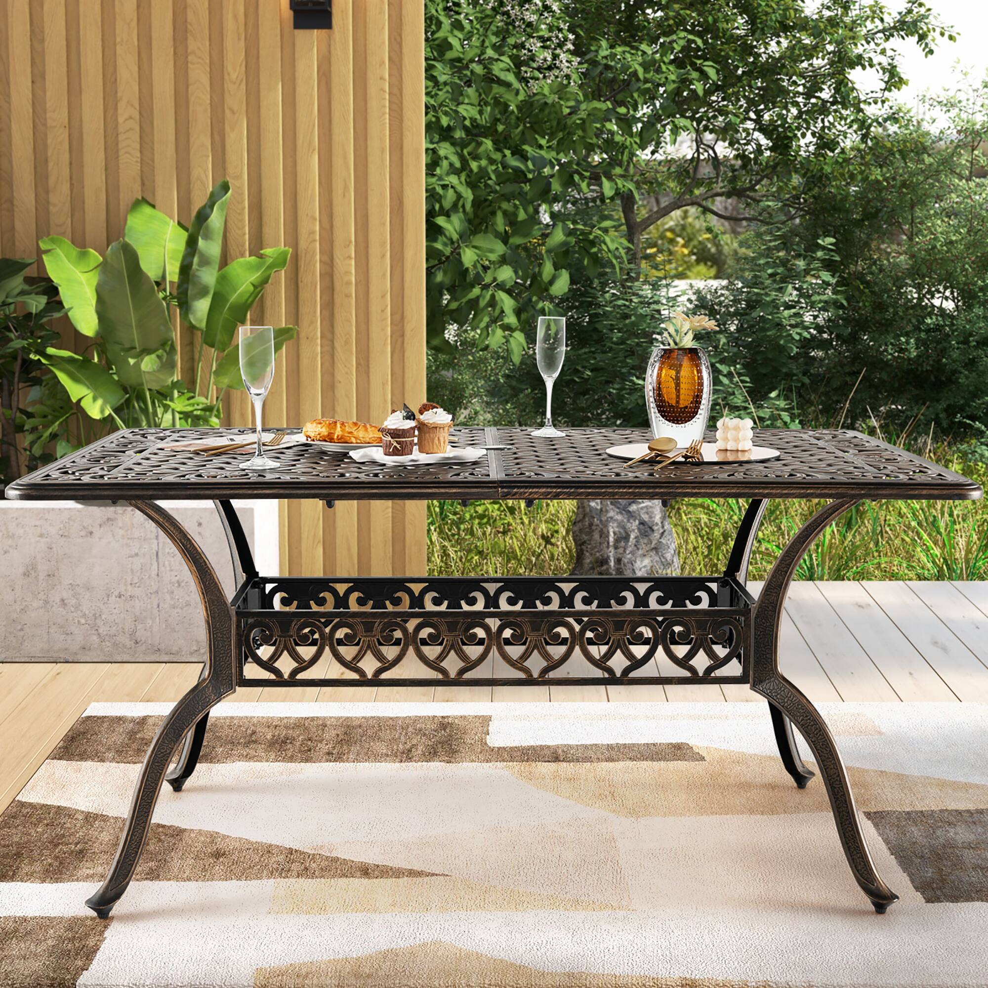 Alt View 4. Costway - Costway 59'' Outdoor Dining Table All-Weather Cast Aluminum Umbrella Hole 6 Person - Bronze.