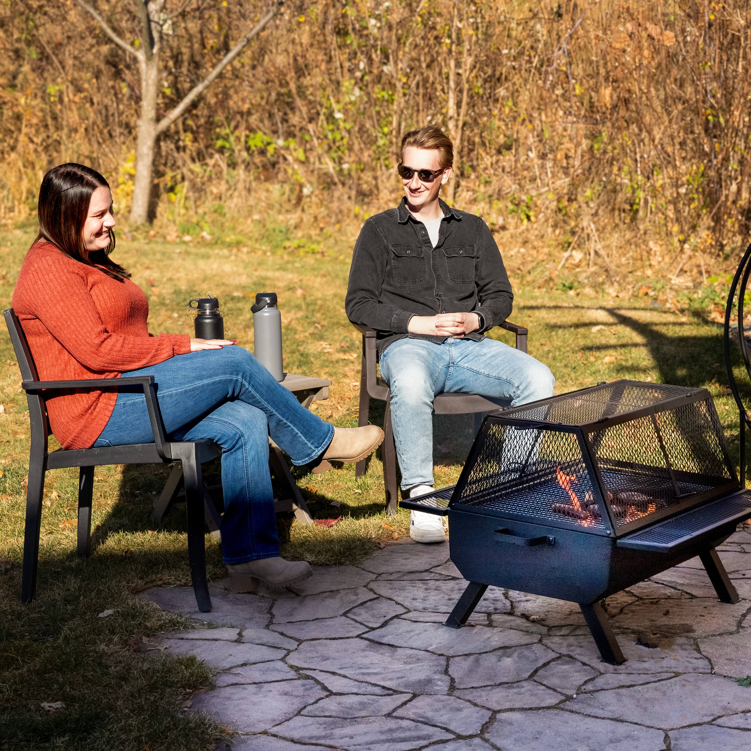 Alt View 5. Sunnydaze - Steel Grilling Fire Pit with Cooking Grate and Spark Screen - Black.