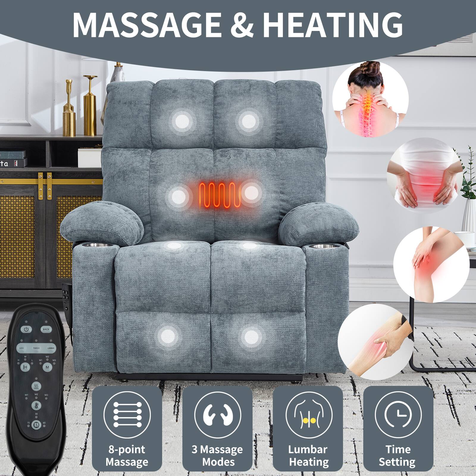MASSAGE & HEATING

- 8-point Massage
- 3 Massage Modes
- Lumbar Heating
- Time Setting