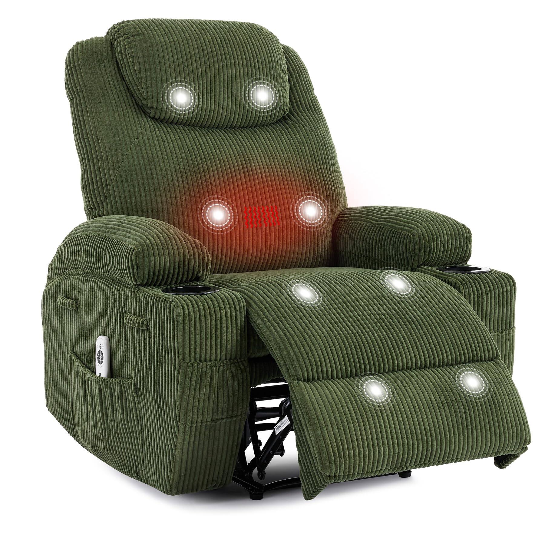 Acekool - Electric Recliner with Massage & Heat, 135° Adjustable Corduroy Chair with Cup Holders, Side Pockets - Green