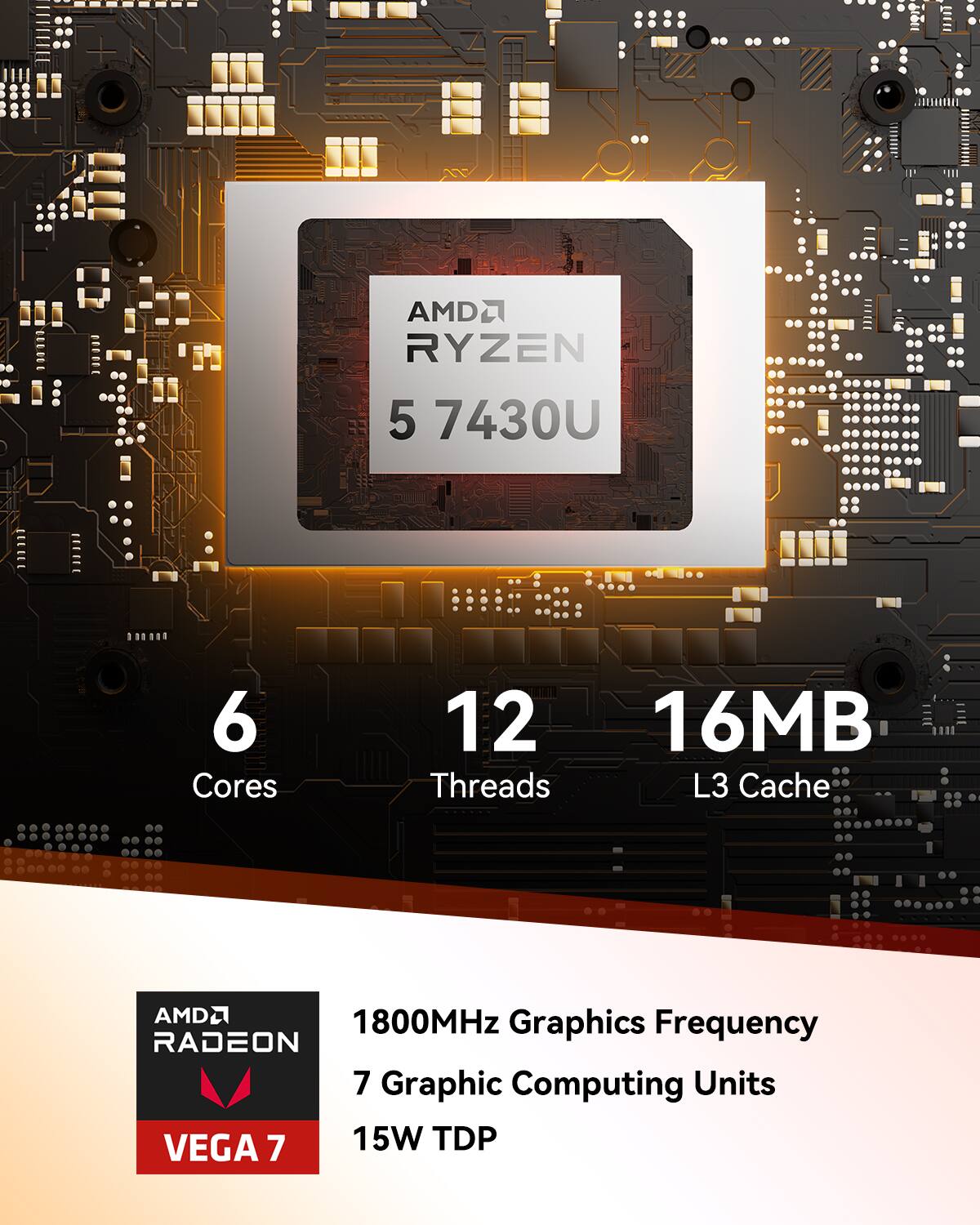 AMD Ryzen 5 7430U 6 Cores 12 Threads 16MB L3 Cache 1800MHz Graphics Frequency Radeon 7 Graphic Computing Units VEGA 7 15W TDP