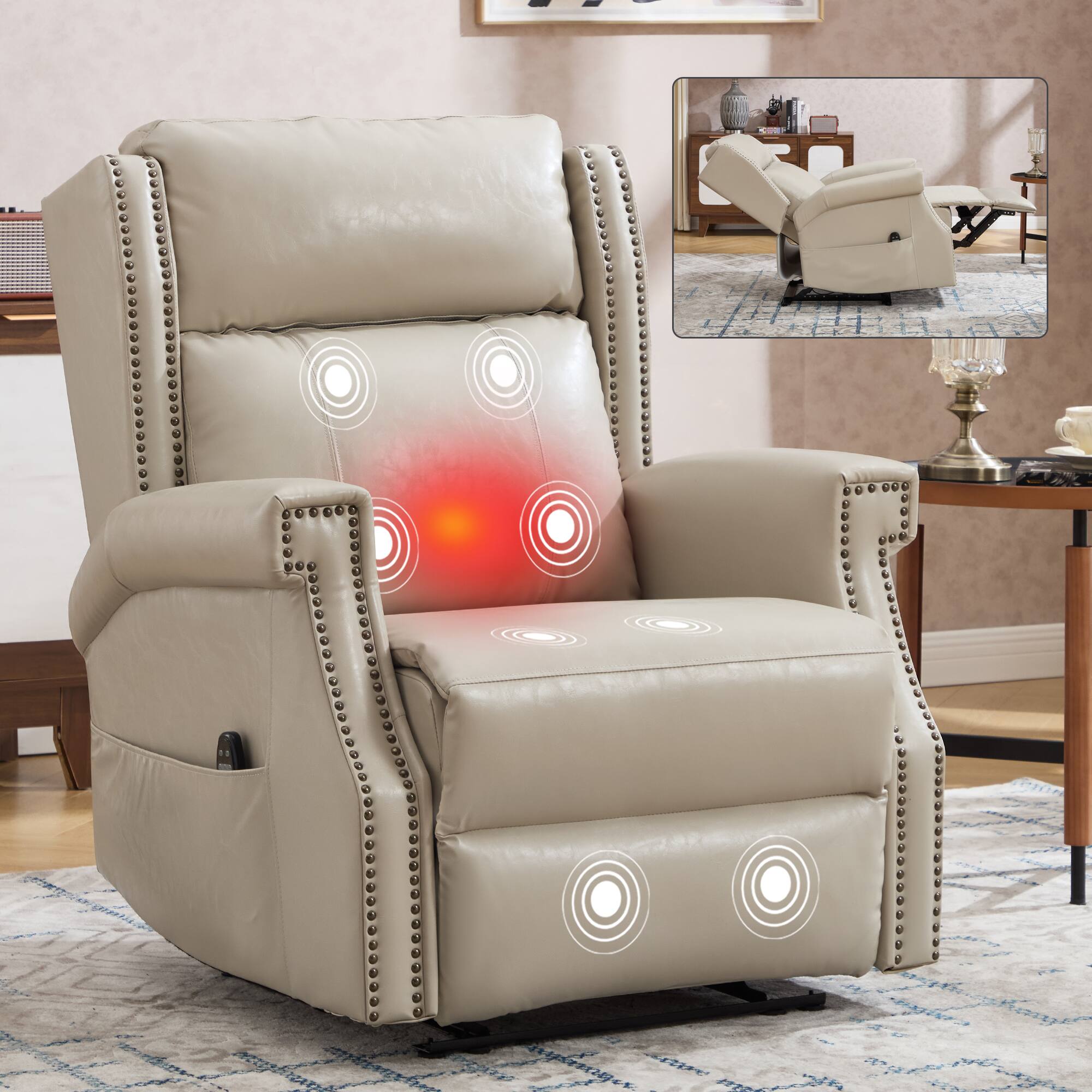 Alt View 6. TinyHomie - Beige Manual Recliner Chair in Faux Leather for Living Room - white.