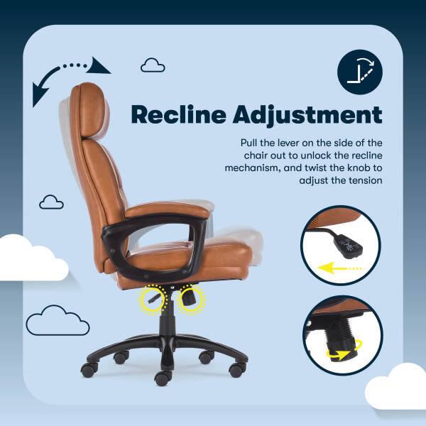 Recline Adjustment  
Pull the lever on the side of the chair out to unlock the recline mechanism, and twist the knob to adjust the tension.