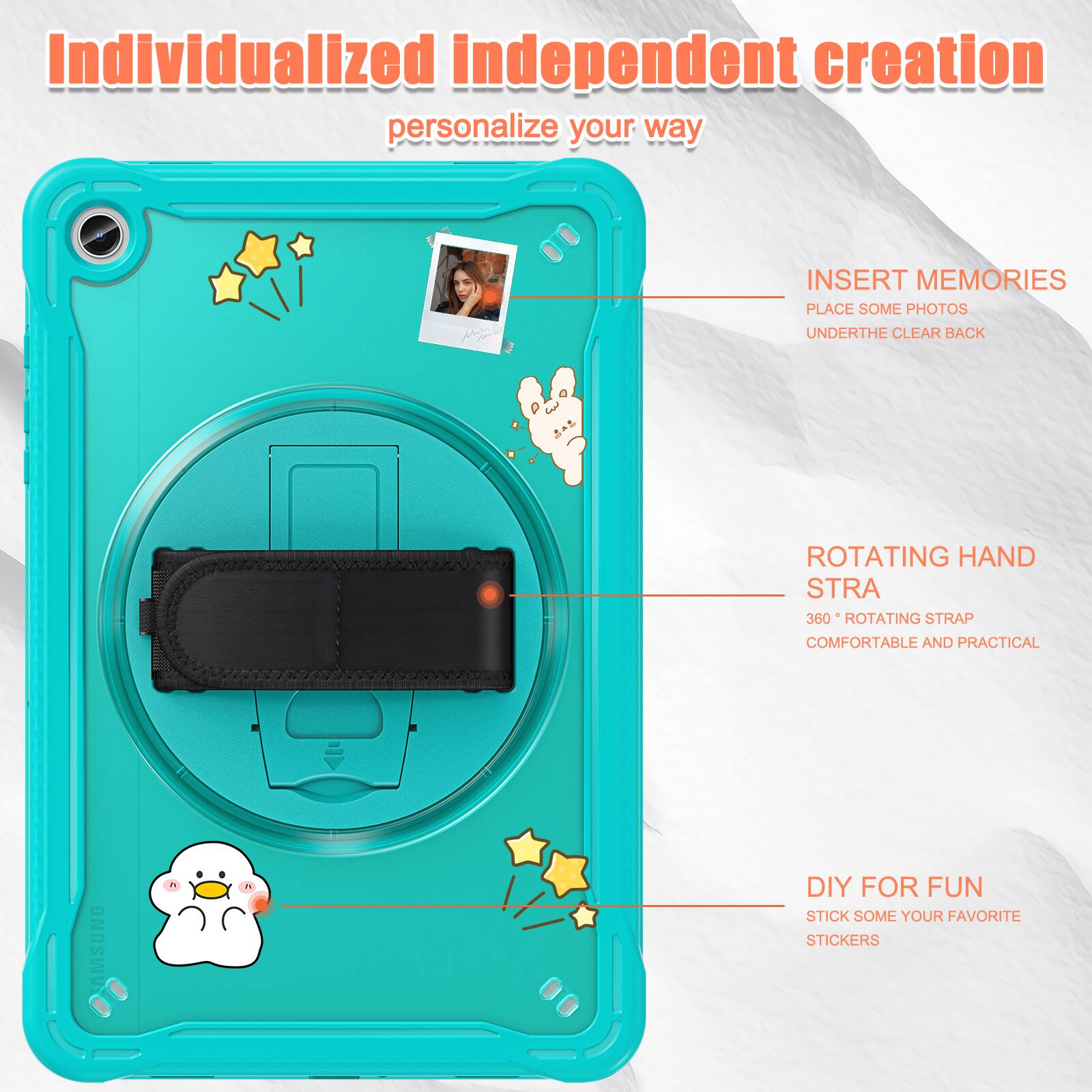 Individualized independent creation personalize your way

INSERT MEMORIES
PLACE SOME PHOTOS
UNDERTHE CLEAR BACK

ROTATING HAND STRA
360° ROTATING STRAP
COMFORTABLE AND PRACTICAL

DIY FOR FUN
STICK SOME YOUR FAVORITE STICKERS