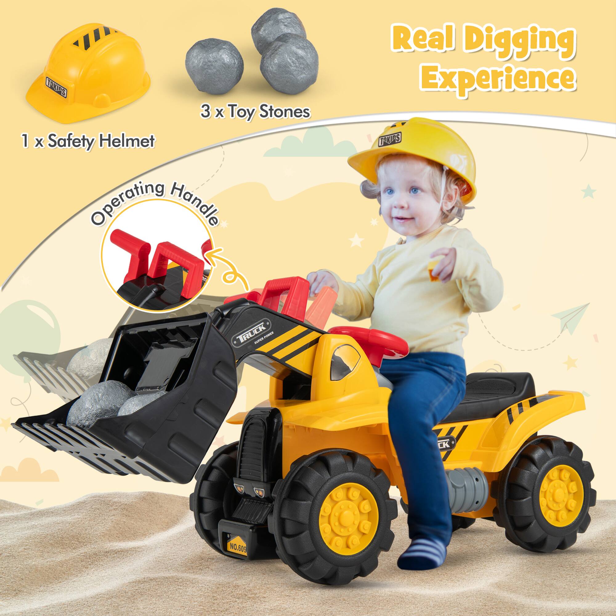 1 x Safety Helmet  
3 x Toy Stones  
Operating Handle  
Real Digging Experience  
LRUPS TRUCK  
No. 50