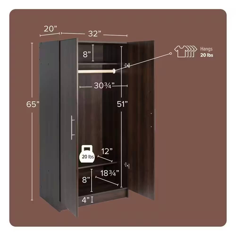 - 20" (width)
- 32" (height)
- 8" (depth)
- 51" (height of hanging area)
- 30 3/4" (width of hanging area)
- 65" (total height)
- 20 lbs (weight capacity)
- 12" (depth of lower shelf)
- 18 3/4" (width of lower shelf)
- 8" (depth of lower shelf)
- 4" (height of lower shelf)