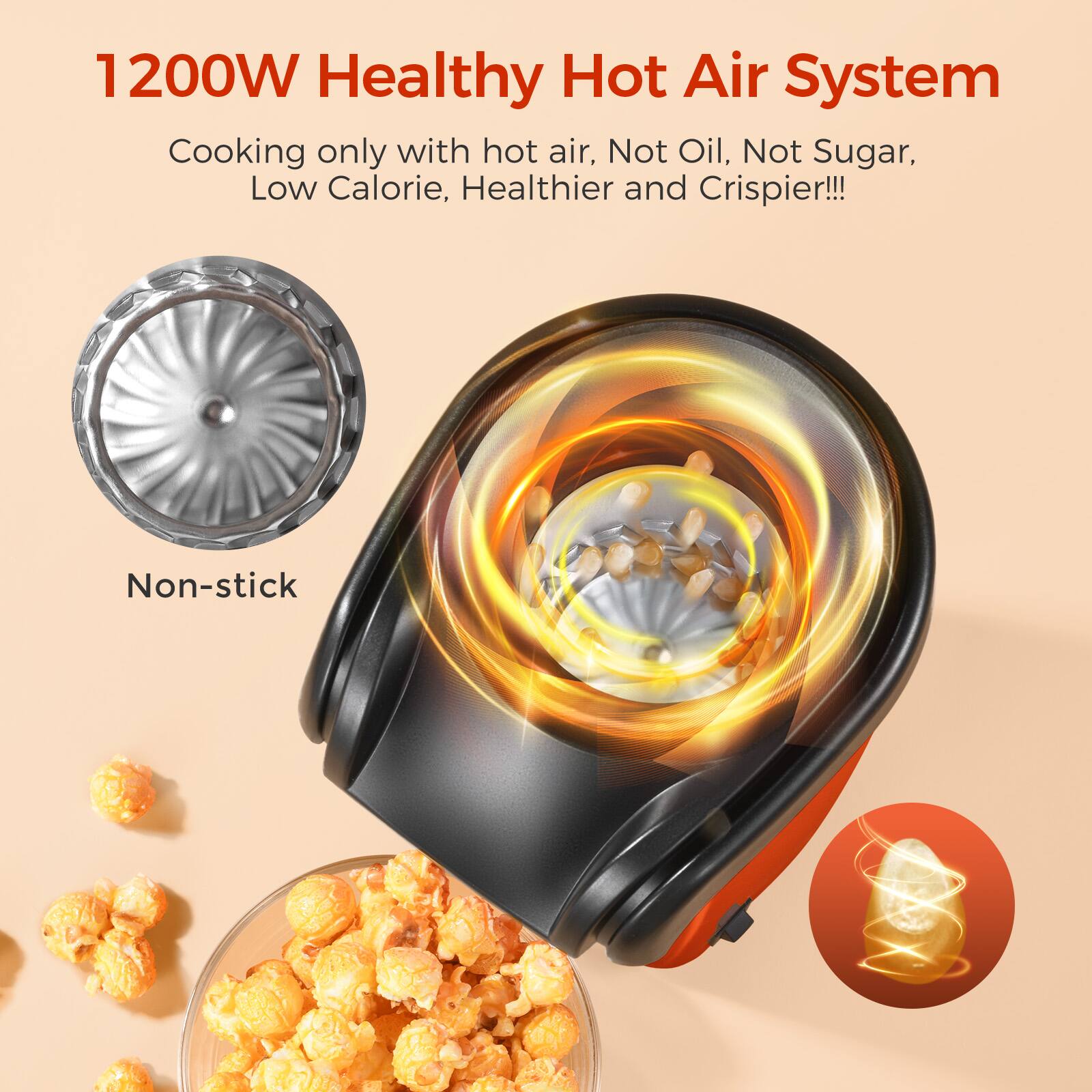 1200W Healthy Hot Air System

Cooking only with hot air, Not Oil, Not Sugar, Low Calorie, Healthier and Crisper!!!

Non-stick