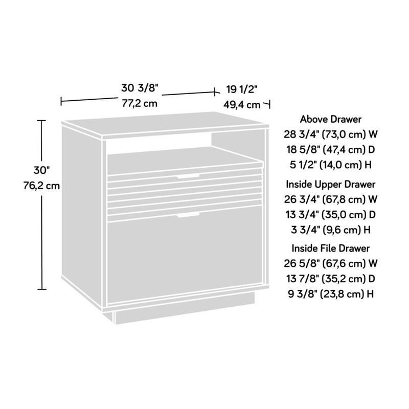 30" 76,2 cm  
30 3/8" 77,2 cm  
19 1/2" 49,4 cm  

Above Drawer  
28 3/4" (73,0 cm) W  
18 5/8" (47,4 cm) D  
5 1/2" (14,0 cm) H  

Inside Upper Drawer  
26 3/4" (67,8 cm) W  
13 3/4" (35,0 cm) D  
3 3/4" (9,6 cm) H  

Inside File Drawer  
26 5/8" (67,6 cm) W  
13 7/8" (35,2 cm) D  
9 3/8" (23,8 cm) H
