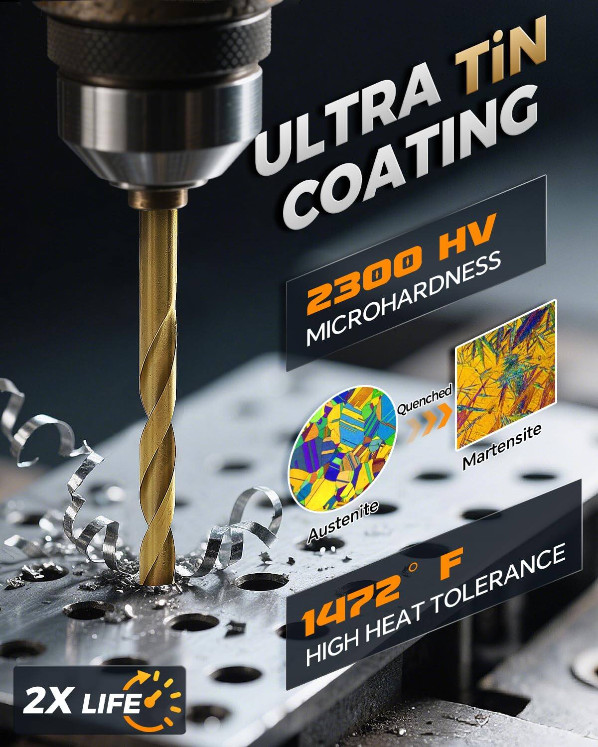 ULTRA TiN COATING  
2300 HV MICROHARDNESS  
Quenched Martensite Austenite  
1472°F HIGH HEAT TOLERANCE  
2X LIFE