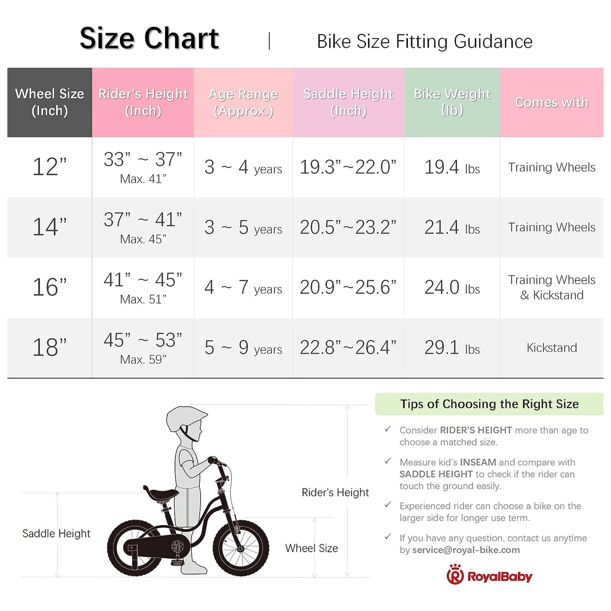 **Size Chart**

| Wheel Size (Inch) | Rider's Height (Inch) | Age Range (Approx.) | Saddle Height (Inch) | Bike Weight (lb) | Comes with |
|------------------|----------------------|--------------------|--------------------|-----------------|------------|
| 12"              | 33" ~ 37" Max. 41"     | 3 ~ 4 years         | 19.3" ~ 22.0"       | 19.4 lbs        | Training Wheels |
| 14"              | 37" ~ 41" Max. 45"     | 3 ~ 5 years         | 20.5" ~ 23.2"       | 21.4 lbs        | Training Wheels |
| 16"              | 41" ~ 45" Max. 51"     | 4 ~ 7 years         | 20.9" ~ 25.6"       | 24.0 lbs        | Training Wheels & Kickstand |
| 18"              | 45" ~ 53" Max. 5