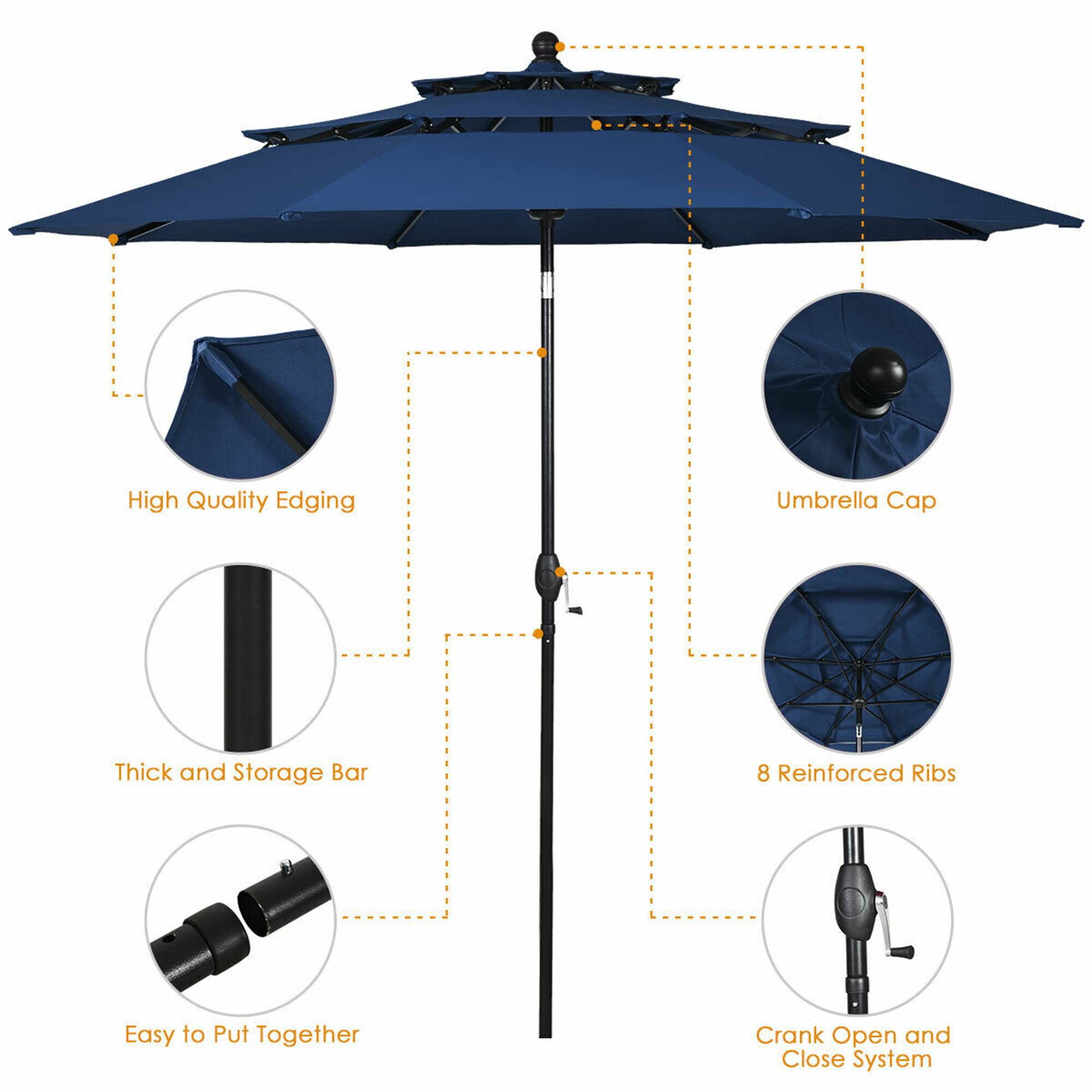 High Quality Edging, Umbrella Cap, Thick and Storage Bar, 8 Reinforced Ribs, Easy to Put Together, Crank Open and Close System