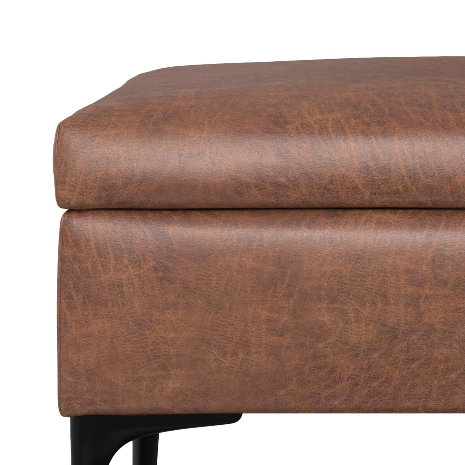 Alt View 7. Simpli Home - Rebecca 48 inch Mid Century Modern Storage Ottoman with Lift up Lid in Distressed Saddle Brown Faux Leather, Assembled - Distressed Saddle Brown.