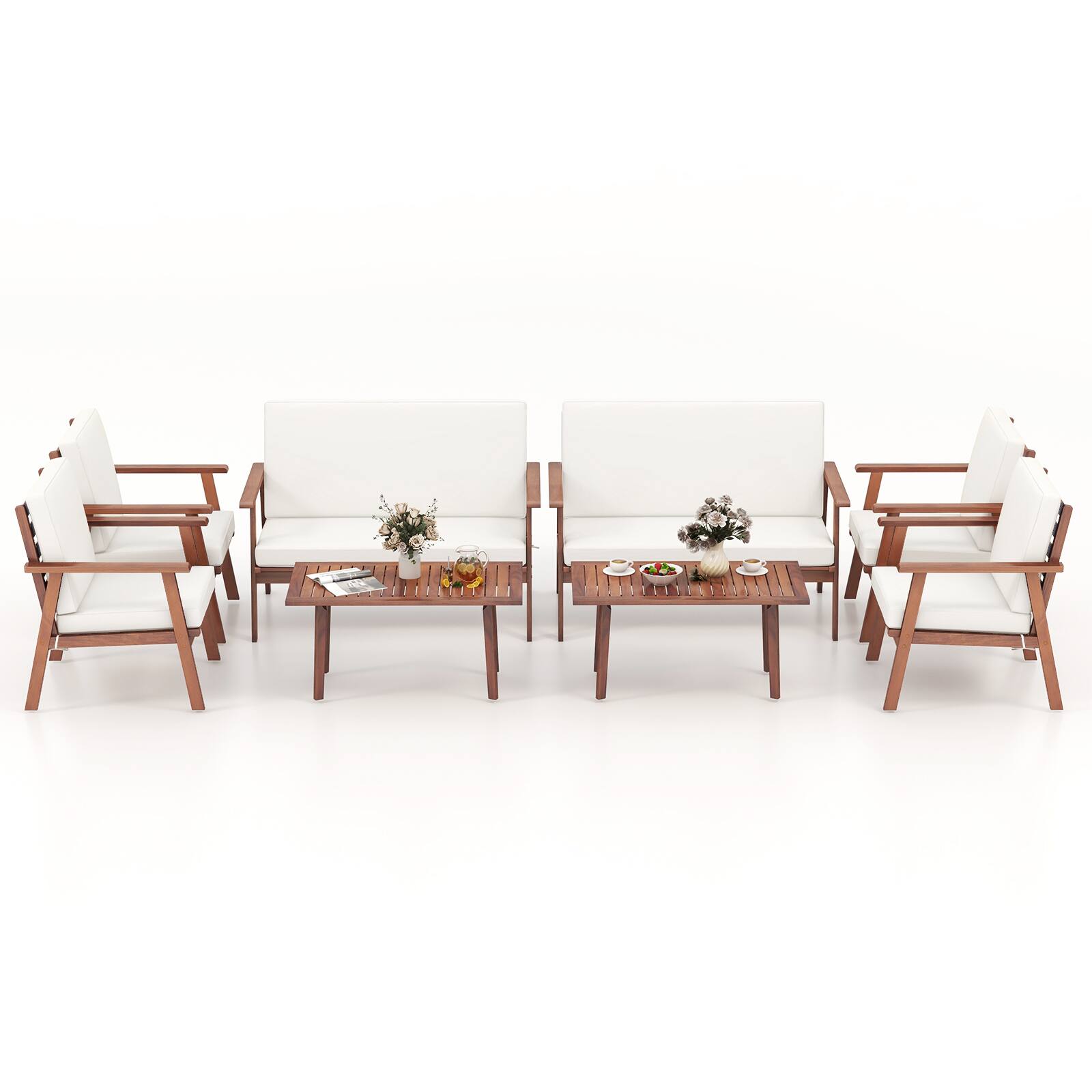 Alt View 3. Gymax - Gymax 8PCS Conversation Set Acacia Wood Sofa Coffee Table w/ Cushioned Seat Patio - Natural, White.