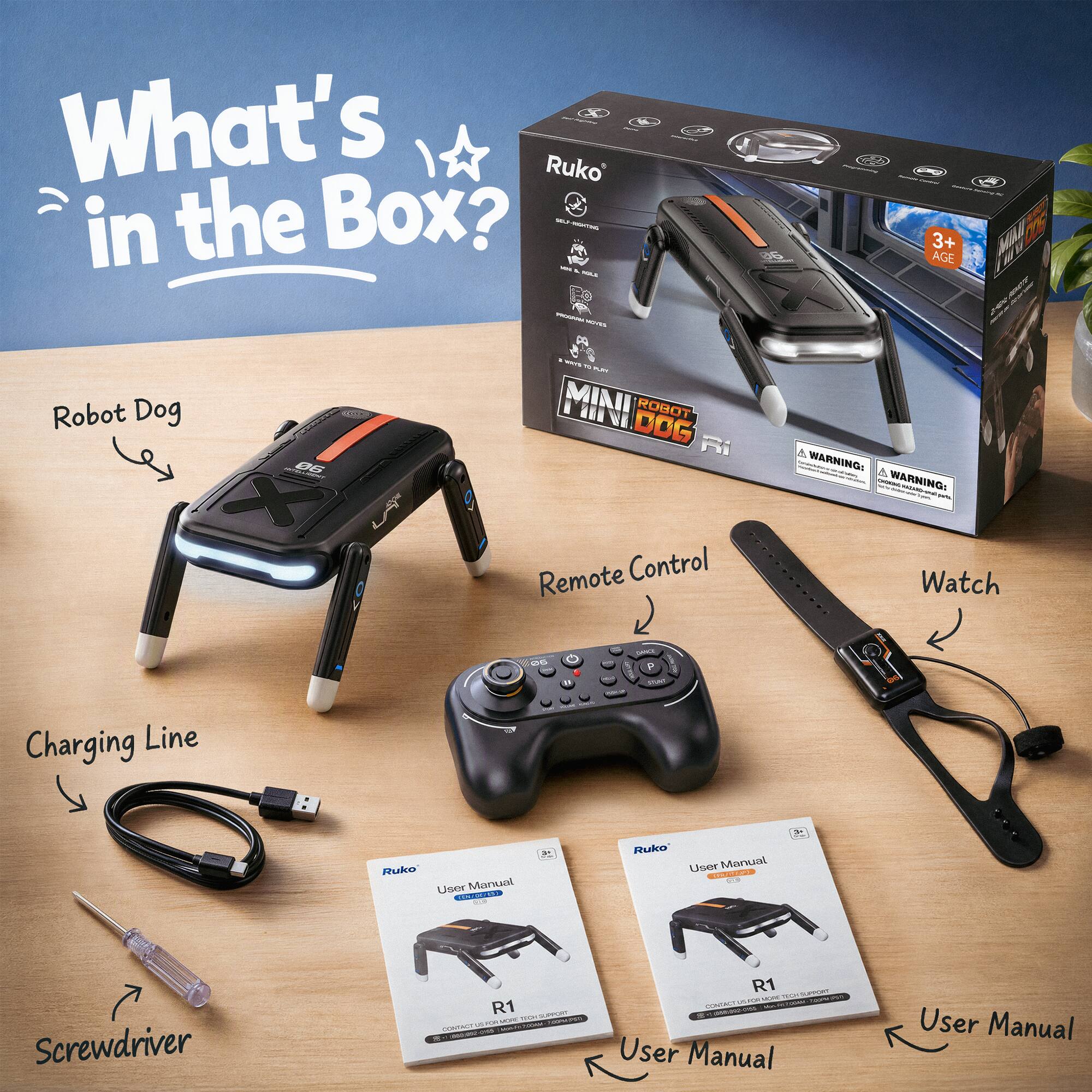 What's Ruko in the Box?  
UM DIETHOR- NRA L HOLE NOVES  
06  
3+ AGE  
Robot Dog 06 X  
- 10 - MINI DOG ROBOT R1 Remote Control  
A WARNING: A WARNING: Watch  
06  
SAND P  
Charging Line  
f  
Ruko User Manual CONTORIES 10  
24  
Ruko User Manual www.neter.com  
3'  
Screwdriver  
R1 DE FORMORE MORE MEM SURVINGAL POLICE DOXTRON 20 MELVOGER .. PM  
R1 000 2018 TEOYSUPPORT FOOKS OF CONTACT MALTA 2000 - - - - - - - . 2 User Manual  
User Manual