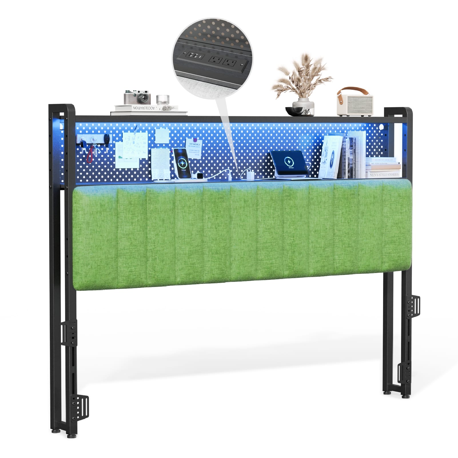 Winado - Queen Size Adjustable Upholstered Headboard Only with 2 Tier Shelves and Pegboard with Charging Stations and LED Lights - Chenille & Forest Green price history on PriceWatchPro