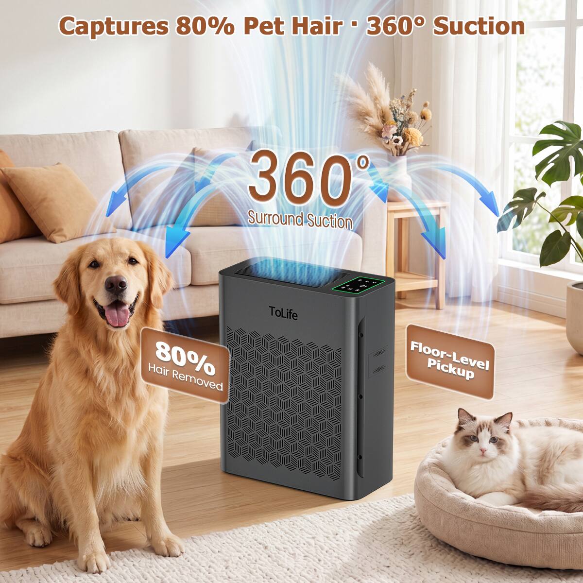 - Captures 80% Pet Hair
- 360° Suction
- 360° Surround Suction
- 80% Hair Removed
- Floor-Level Pickup