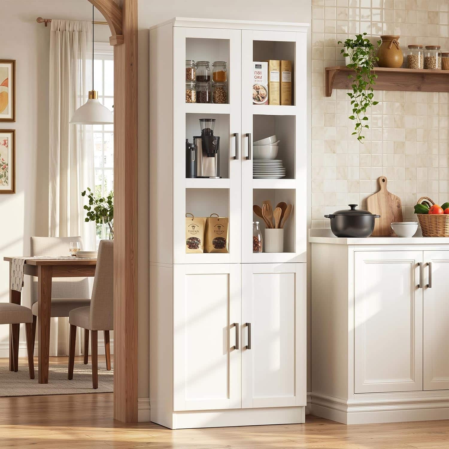 Aheaplus - Pantry Storage Cabinet, 79.7'' Tall Freestanding Kitchen Storage Cabinet with Glass Doors & Adjustable Shelves - White