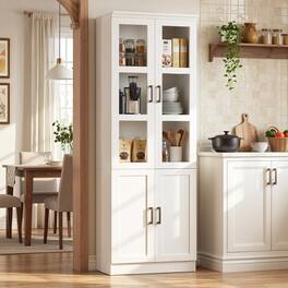 Aheaplus - Pantry Storage Cabinet, 79.7'' Tall Freestanding Kitchen Storage Cabinet with Glass Doors & Adjustable Shelves - White