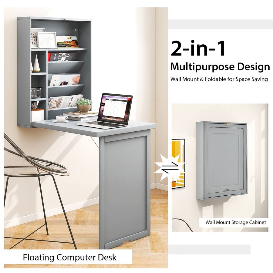 Transformable Desktop System Costway Wall Mounted Computer Convertible Desk with Bookcases Gray ...