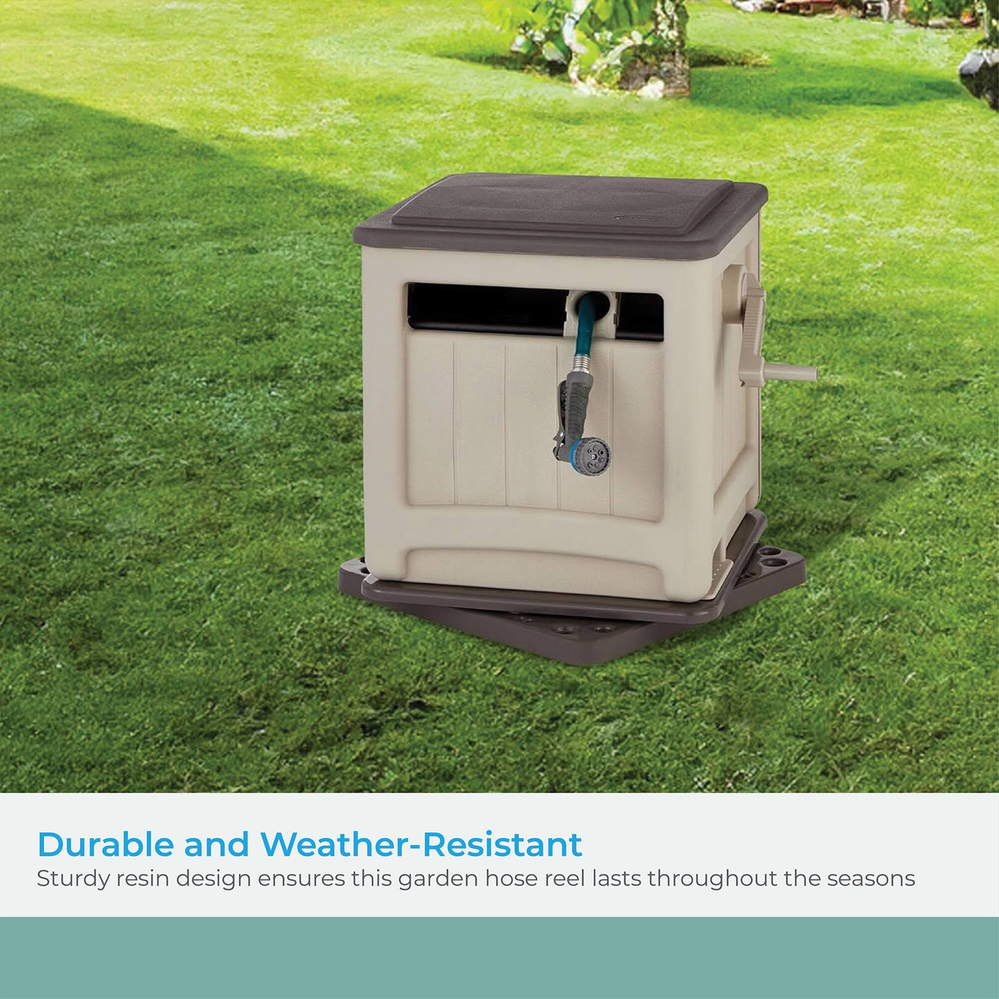 Durable and Weather-Resistant  
Sturdy resin design ensures this garden hose reel lasts throughout the seasons