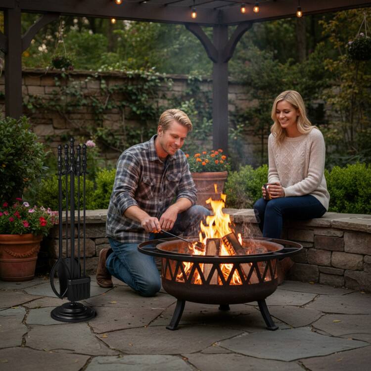 Alt View 4. Mondawe - 5-Pieces Fireplace Tool Set with Poker Tongs Brush Shovel and Round Stand - Black.