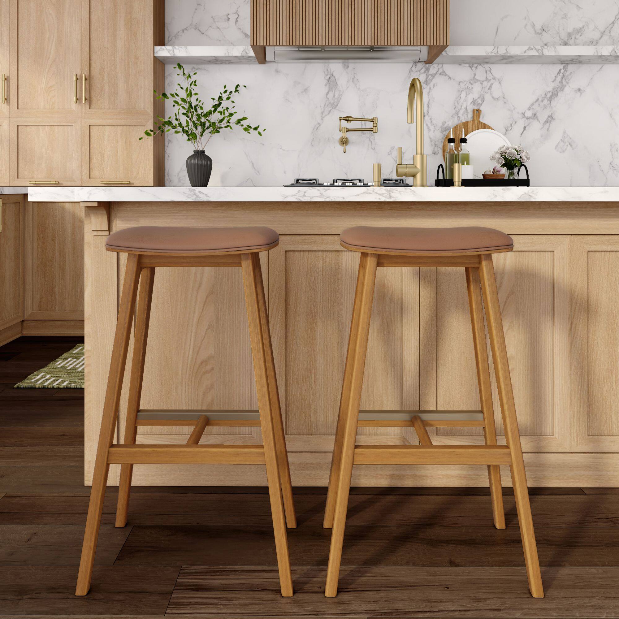 Alt View 1. Plank+Beam - Beryl Upholstered Bar Height Stool (30in) - 4 pack, Pecan/Toffee PU Leather - Pecan/Toffee PU Leather.