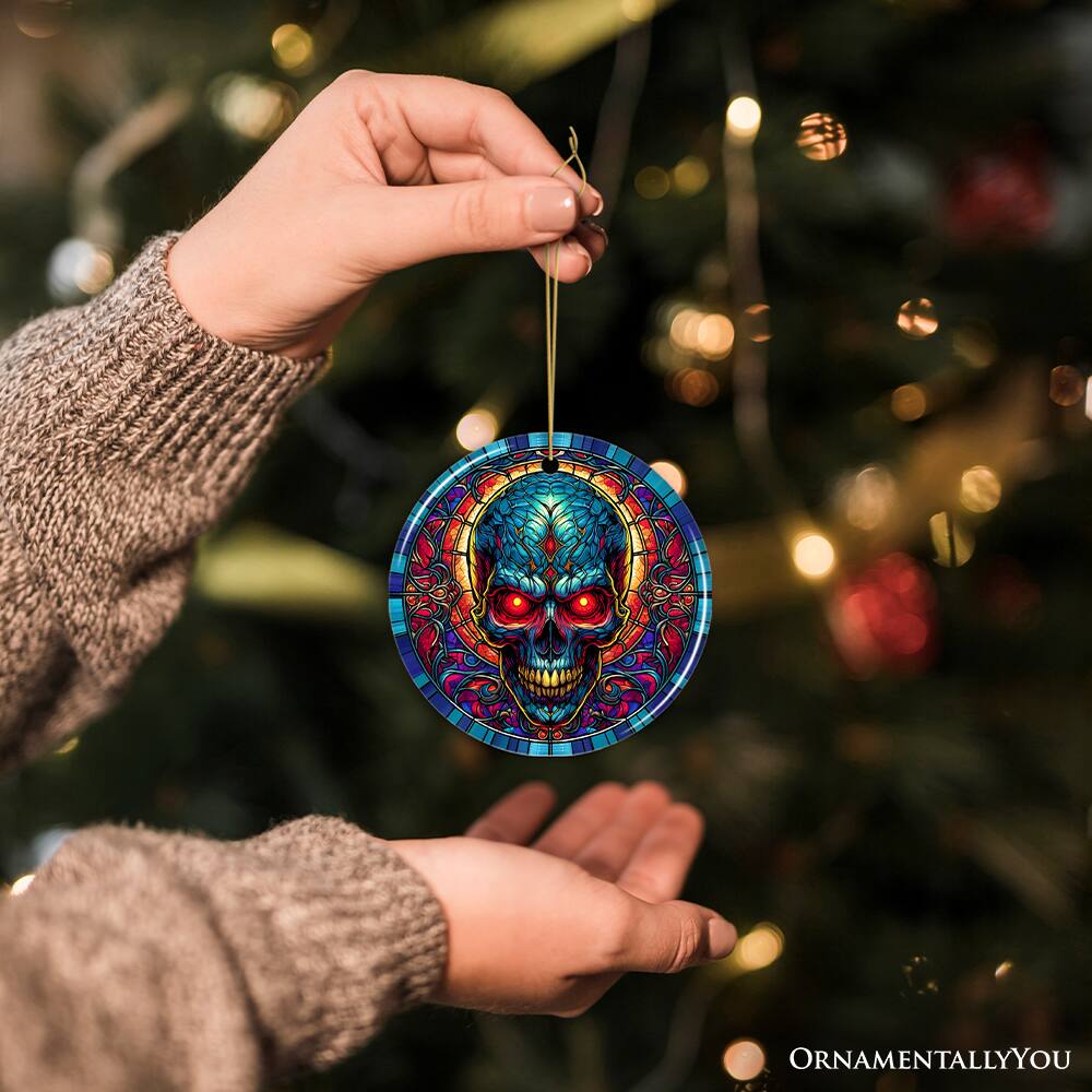Alt View 1. OrnamentallyYou - Bone-Chilling Spooky Skull Stained Glass Style Ceramic Ornament Halloween Themed Christmas Gift - Multi-colored.