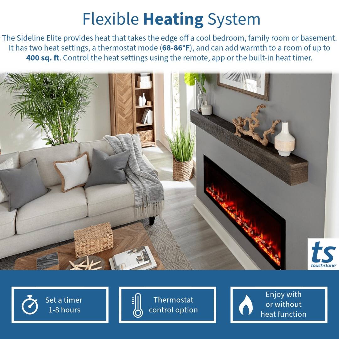 Flexible Heating System

The Sideline Elite provides heat that takes the edge off a cool bedroom, family room or basement. It has two heat settings, a thermostat mode (68-86°F), and can add warmth to a room of up to 400 sq. ft. Control the heat settings using the remote, app or the built-in heat timer.

- Set a timer 1-8 hours
- Thermostat control option
- Enjoy with or without heat function