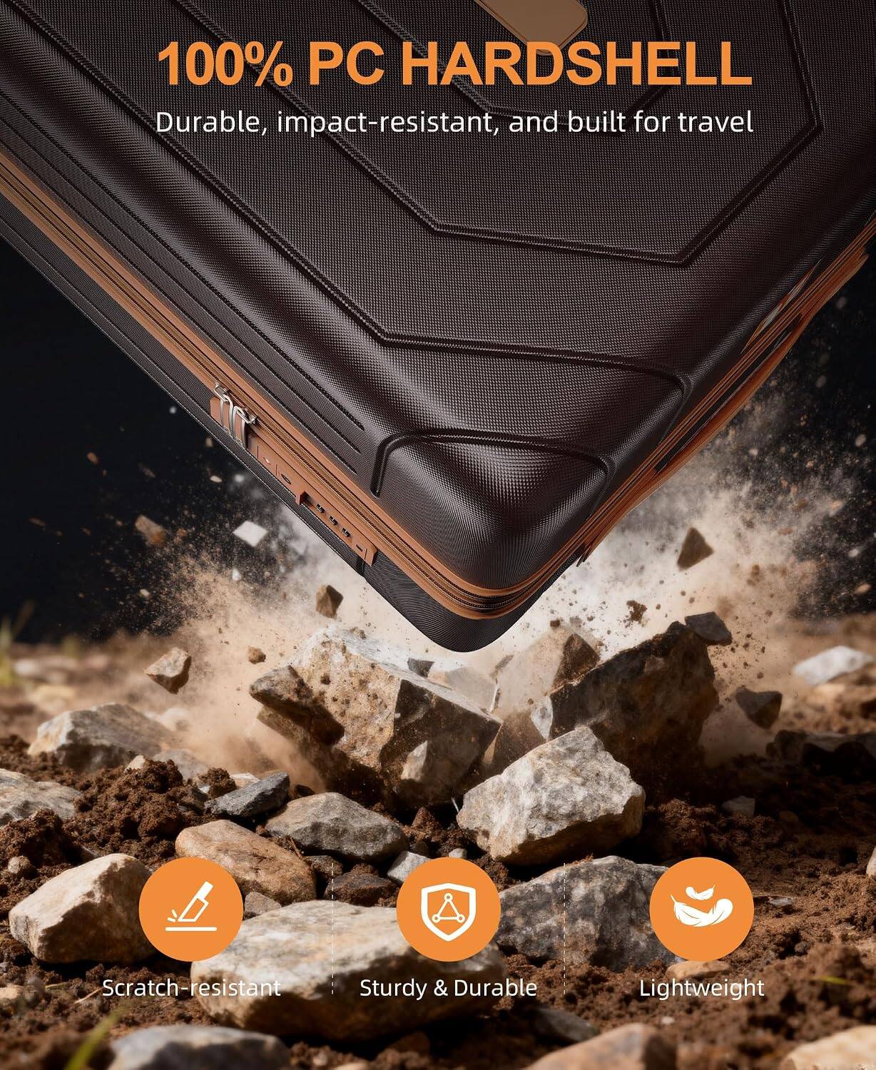 100% PC HARDSHELL  
Durable, impact-resistant, and built for travel  

Scratch-resistant  
Sturdy & Durable  
Lightweight