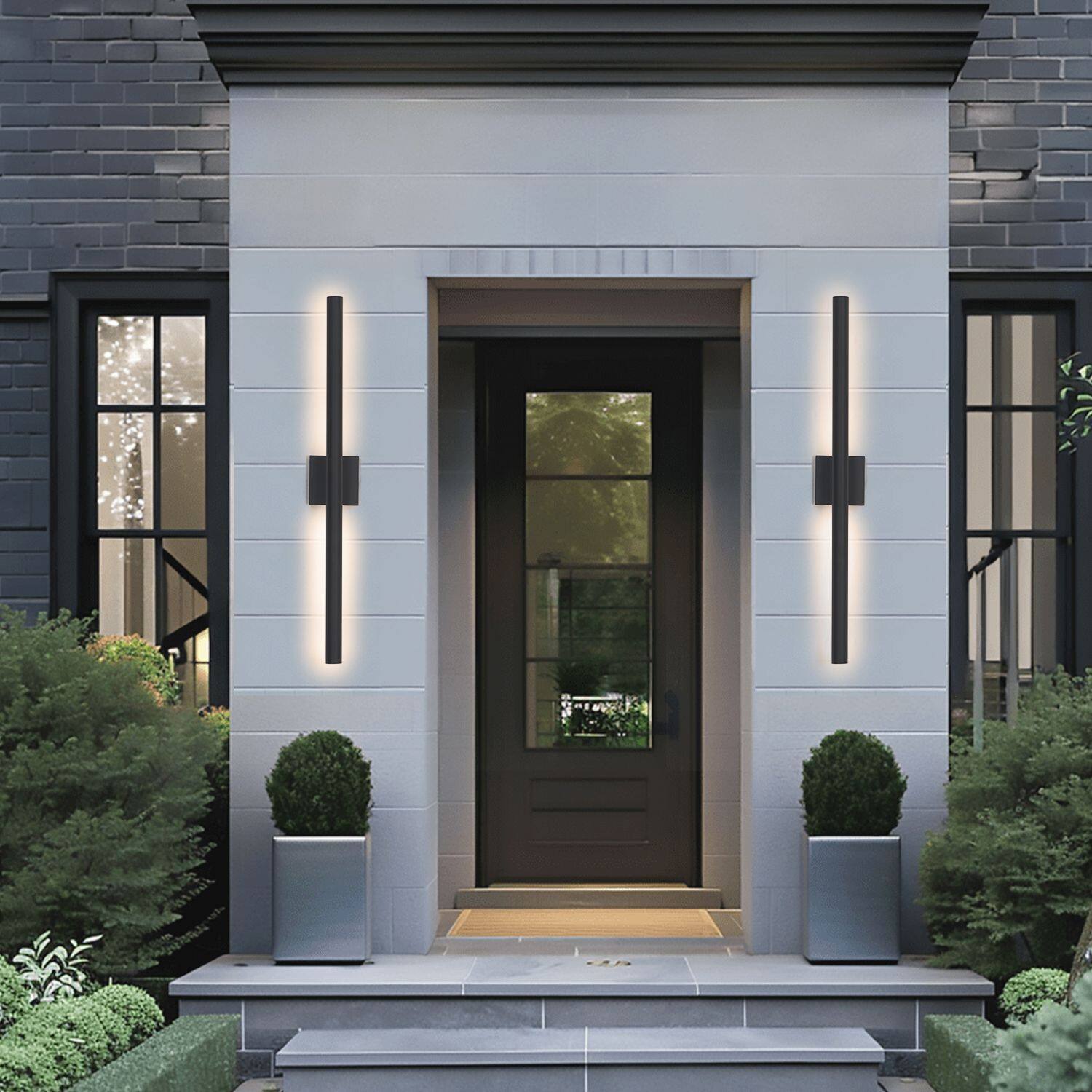 Left. Umeiluce - 35 inch Modern Aluminum LED outdoor Wall Light Waterproof Triac Dimming Cylinder Wall Sconces - Matte Black.