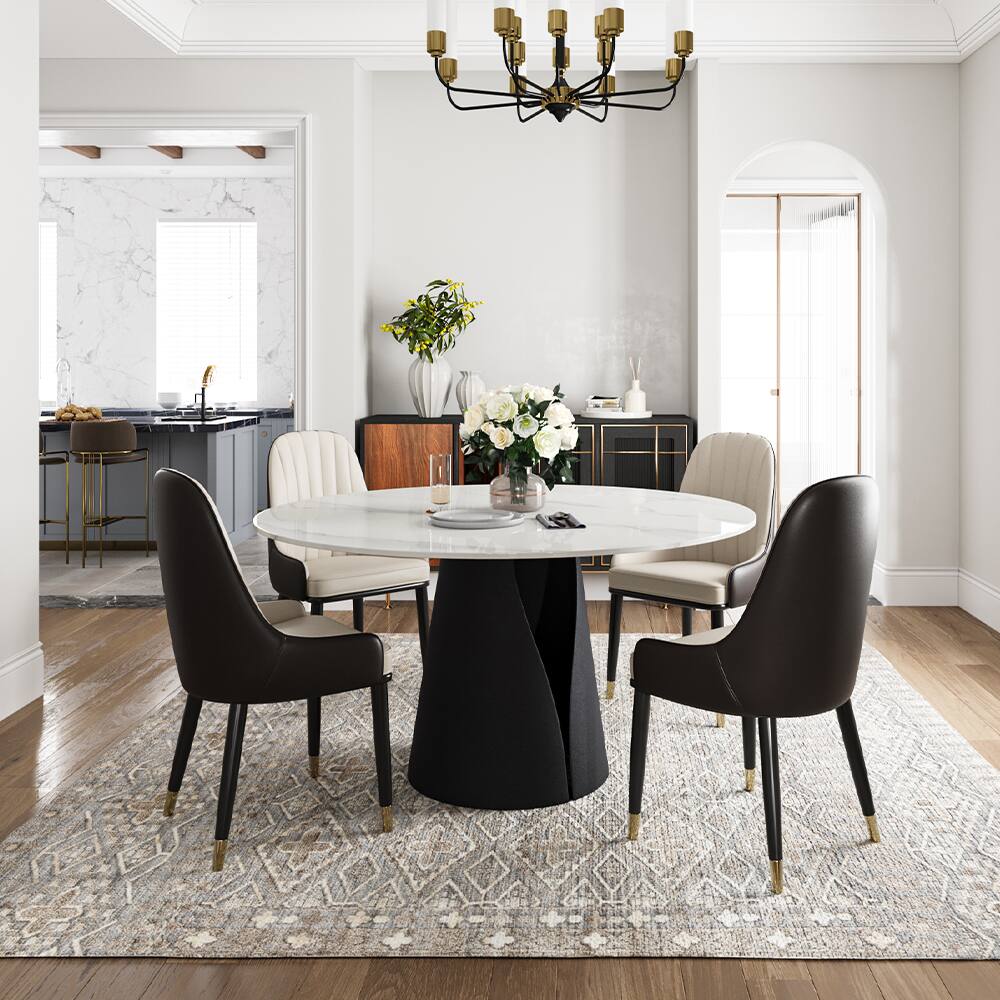 Alt View 5. POVISON - 51" Modern Round White Dining Table for 4, Glossy Sintered Stone Tabletop, Solid Black Carbon Steel Base - Glossy White Sintered Stone & Black Steel Base.