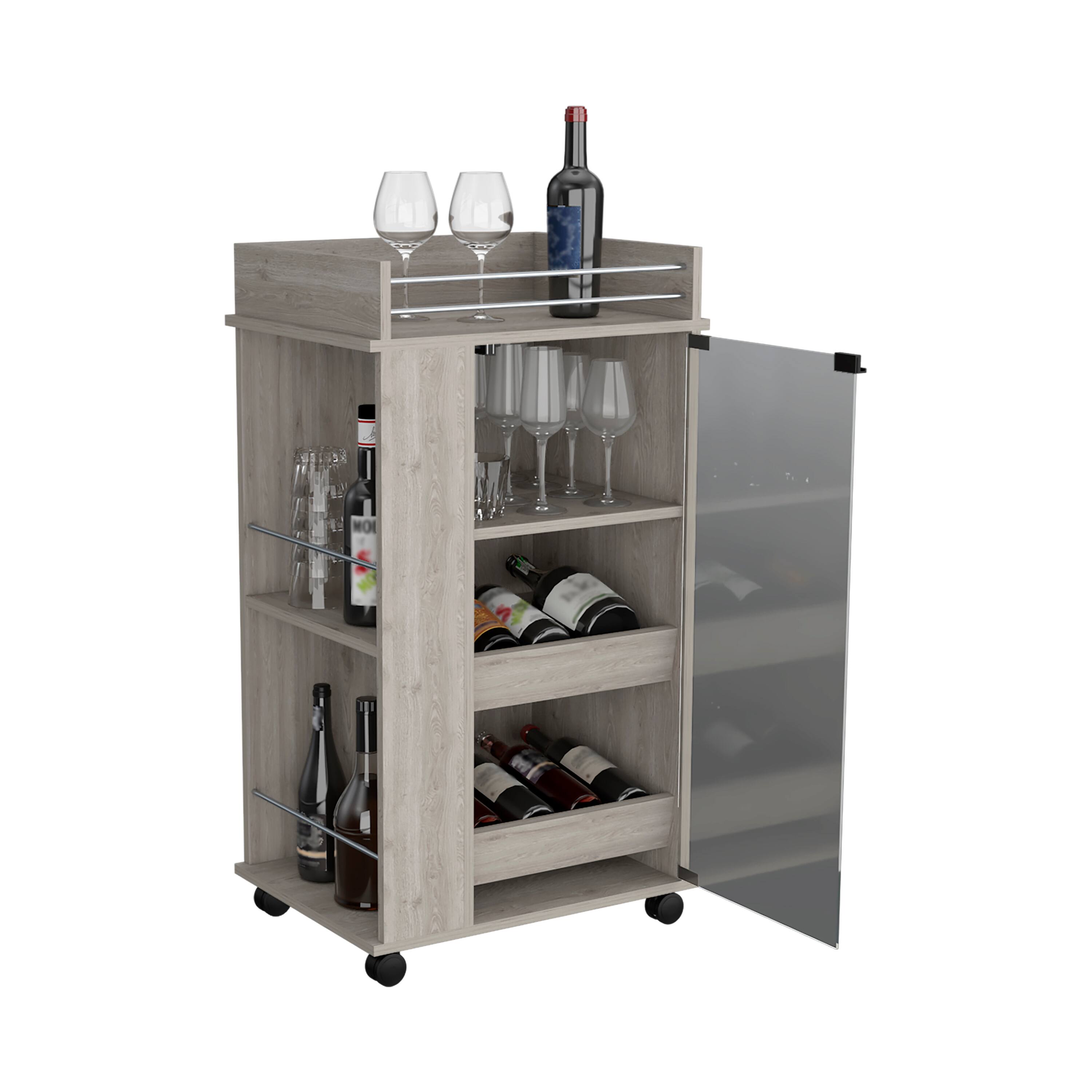 Alt View 2. TuHome - Baltimore Bar Cart with Casters, Glass Door, 2-Side Shelf, Living Room or Bar Room - Light Gray.