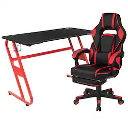Emma + Oliver - Gaming Bundle-Cup/Headphone Desk & Reclining Footrest Chair - Red