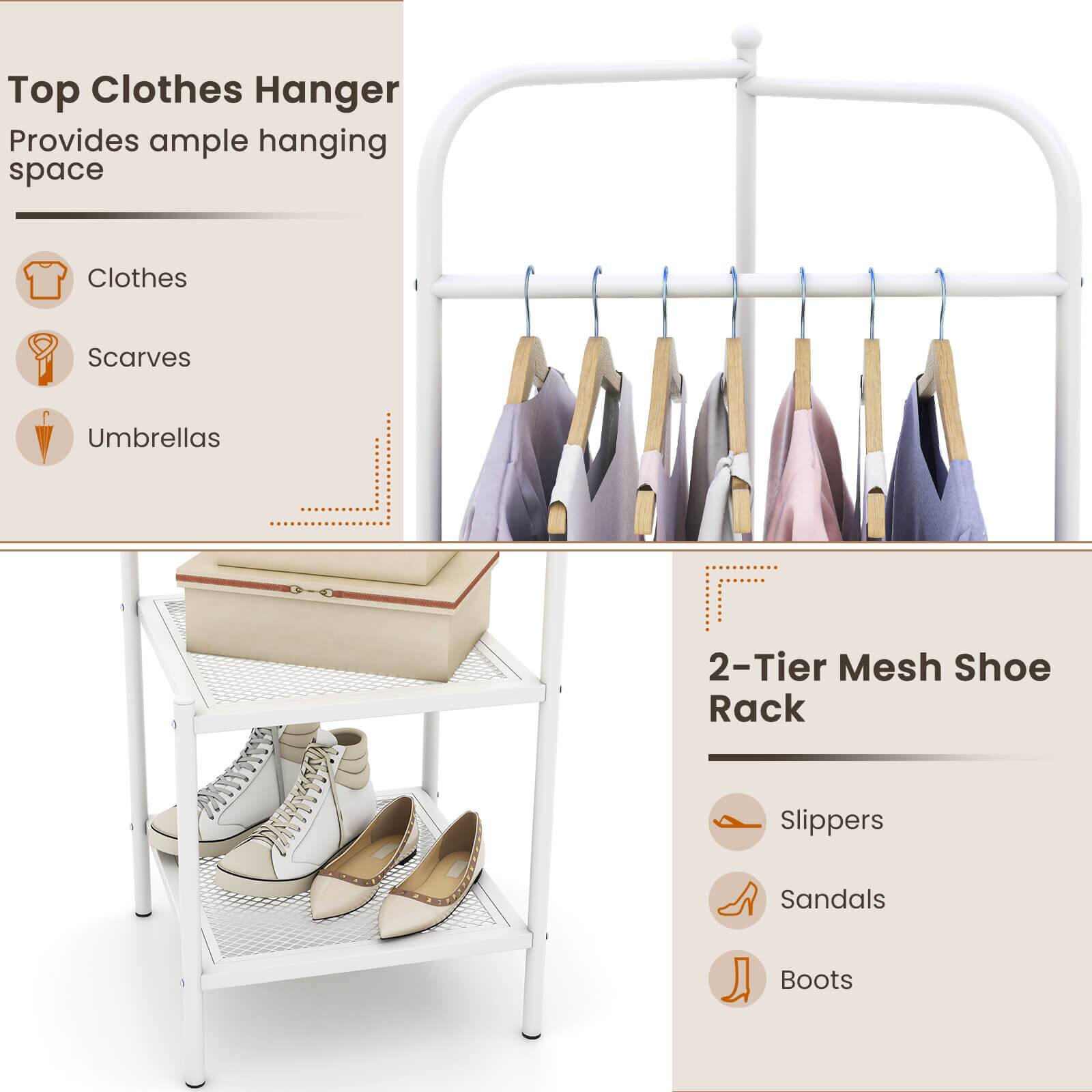 Top Clothes Hanger: Clothes, Scarves, Umbrellas
2-Tier Mesh Shoe Rack: Slippers, Sandals, Boots