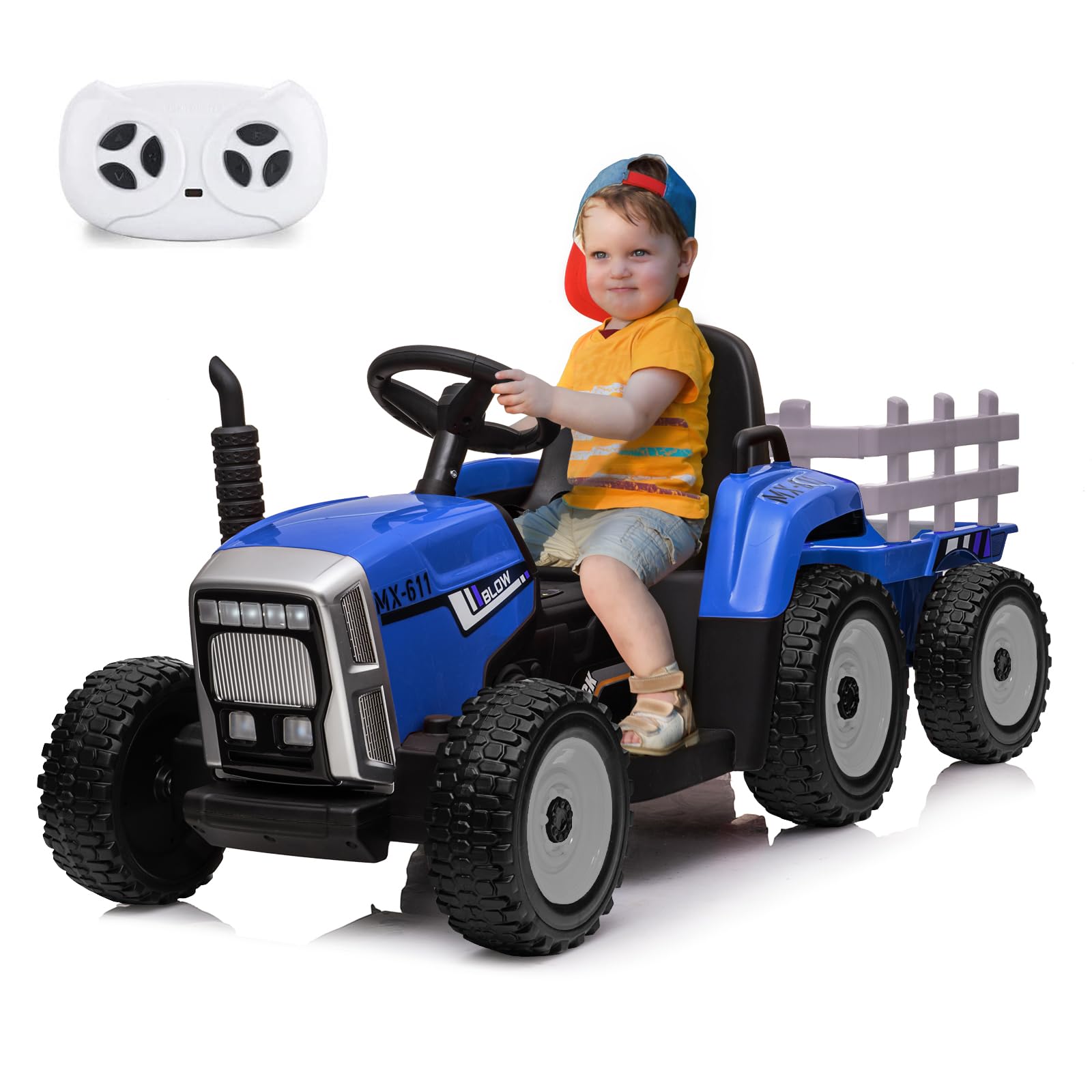 Acekool- 12V Kids Ride On Tractor with Trailer & Remote Control,Toddler Electric Vehicle Car with Led Headlights,35W- Blue