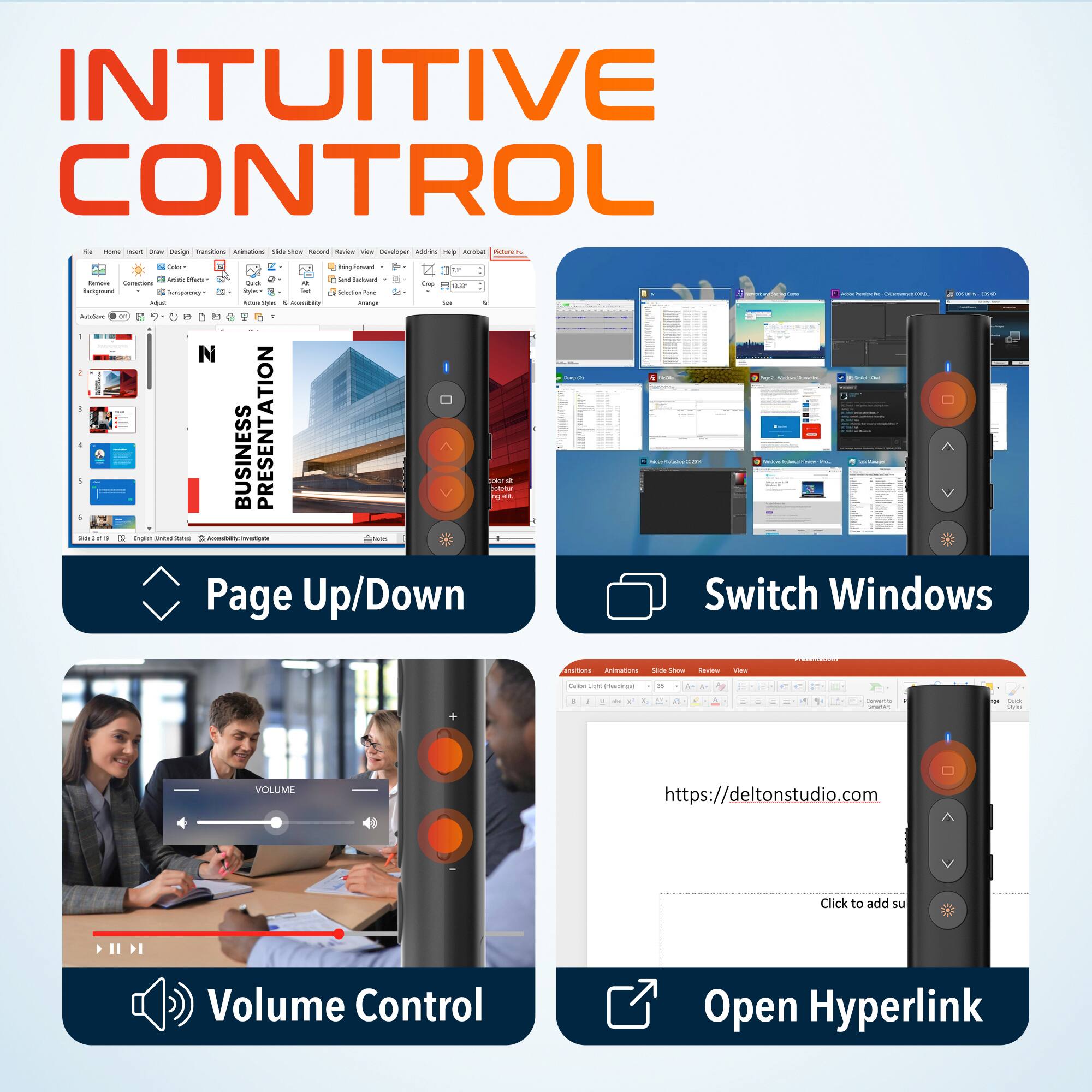 INTUITIVE CONTROL

- BUSINESS PRESENTATION
- Page Up/Down
- Switch Windows
- Volume Control
- Open Hyperlink