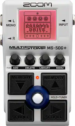 Sure, here is the corrected and grouped text from the image:
- **ZOOM**
- **MULTISTOMP MS-50G+**
- **KRAMPUS DRIVE**
- **L** (with arrow) MONO
- **R** (with arrow)
- **INPUT**
- **PUSH**
- **ADD**
- **DELETE**
- **LIBRARY**
- **MENU**
- **MEMORY** (with arrow)
- **MEMORY** (with arrow)
- **HOLD > TUNER**
- **SCROLL** (with arrow)
- **SCROLL** (with arrow)
