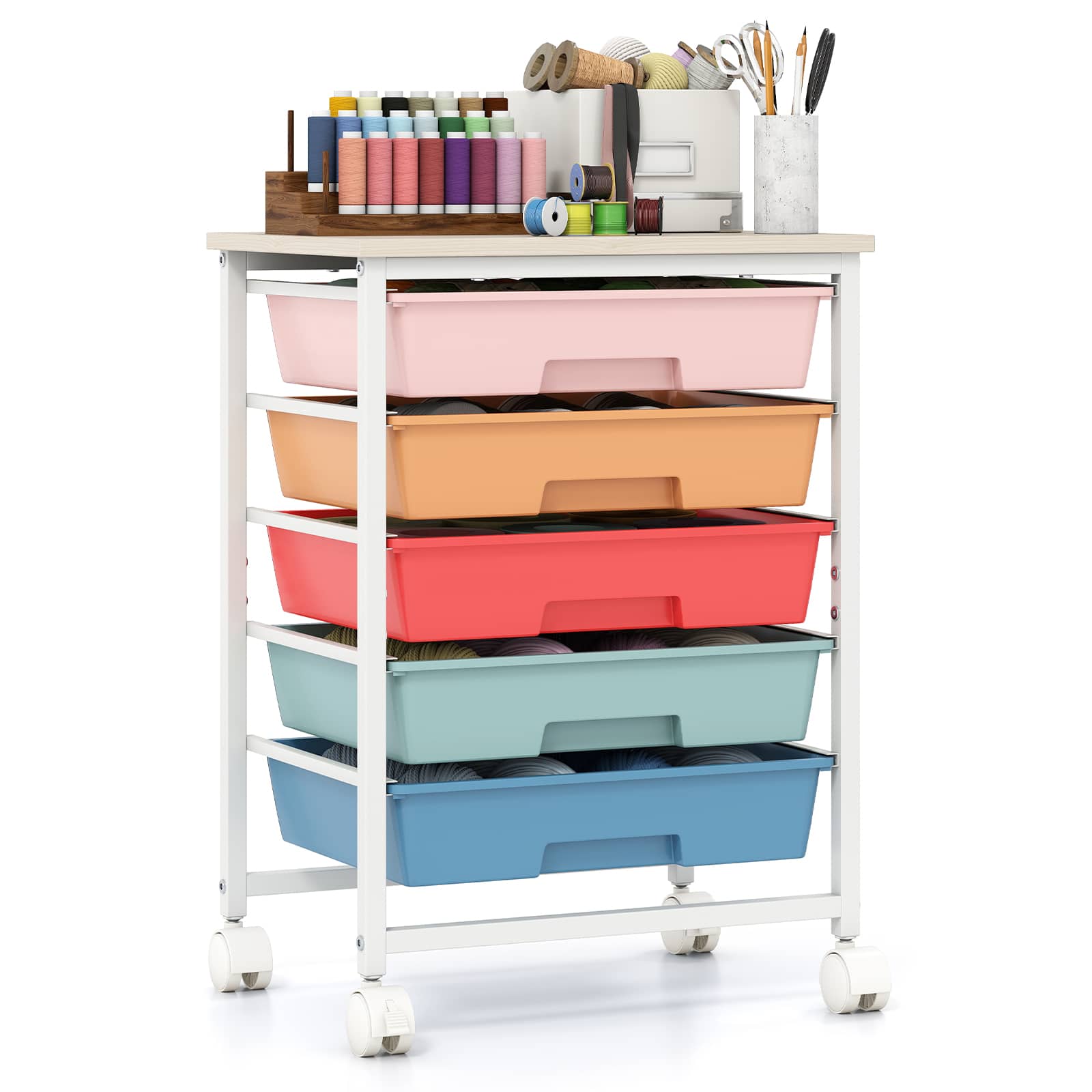 Costway - 5-Drawer Art & Craft Storage Carts, Storage Cart with 4 Universal Wheels, Metal Frame for Home 15"L - 15"L Macaron