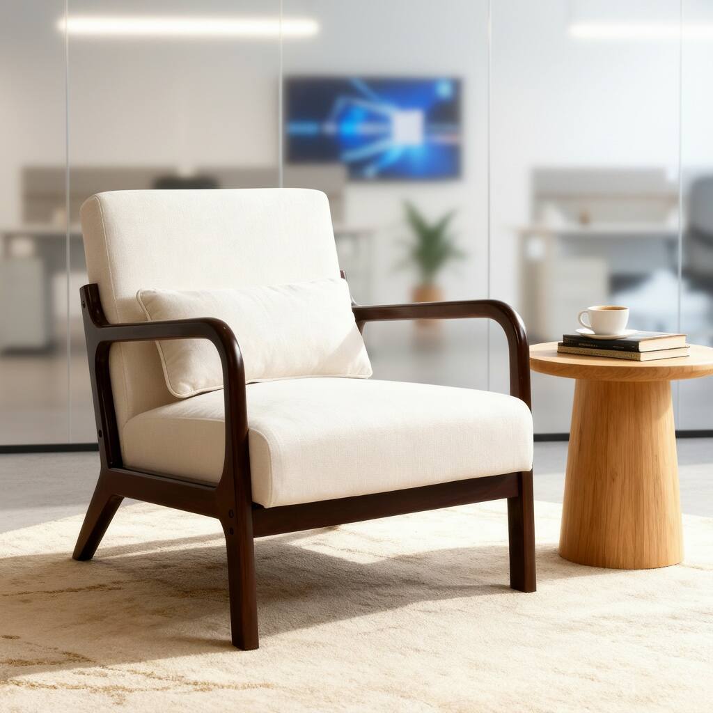 Alt View 4. Forest'nSky - Brown Wood Mid Century Modern Office Chair with Solid Wood Frame & Lumbar Pillow with Beige Cushion - Beige.