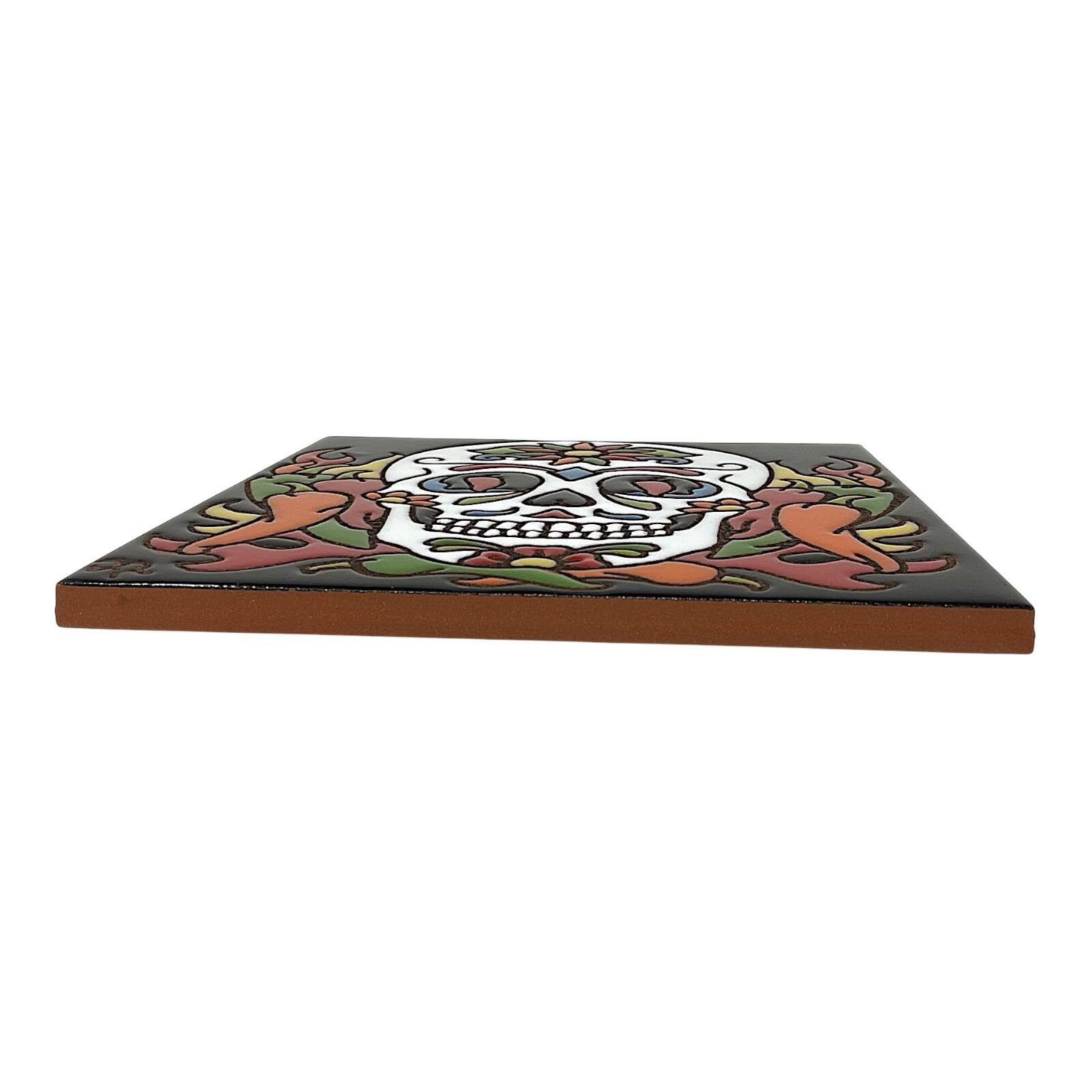 Back. Earthtones Tile - Earthtones Day of the Dead Chili Pepper Sugar Skull Southwest 6X6 Hand Glazed Decorative Tile or Kitchen Trivet - Multicolor.