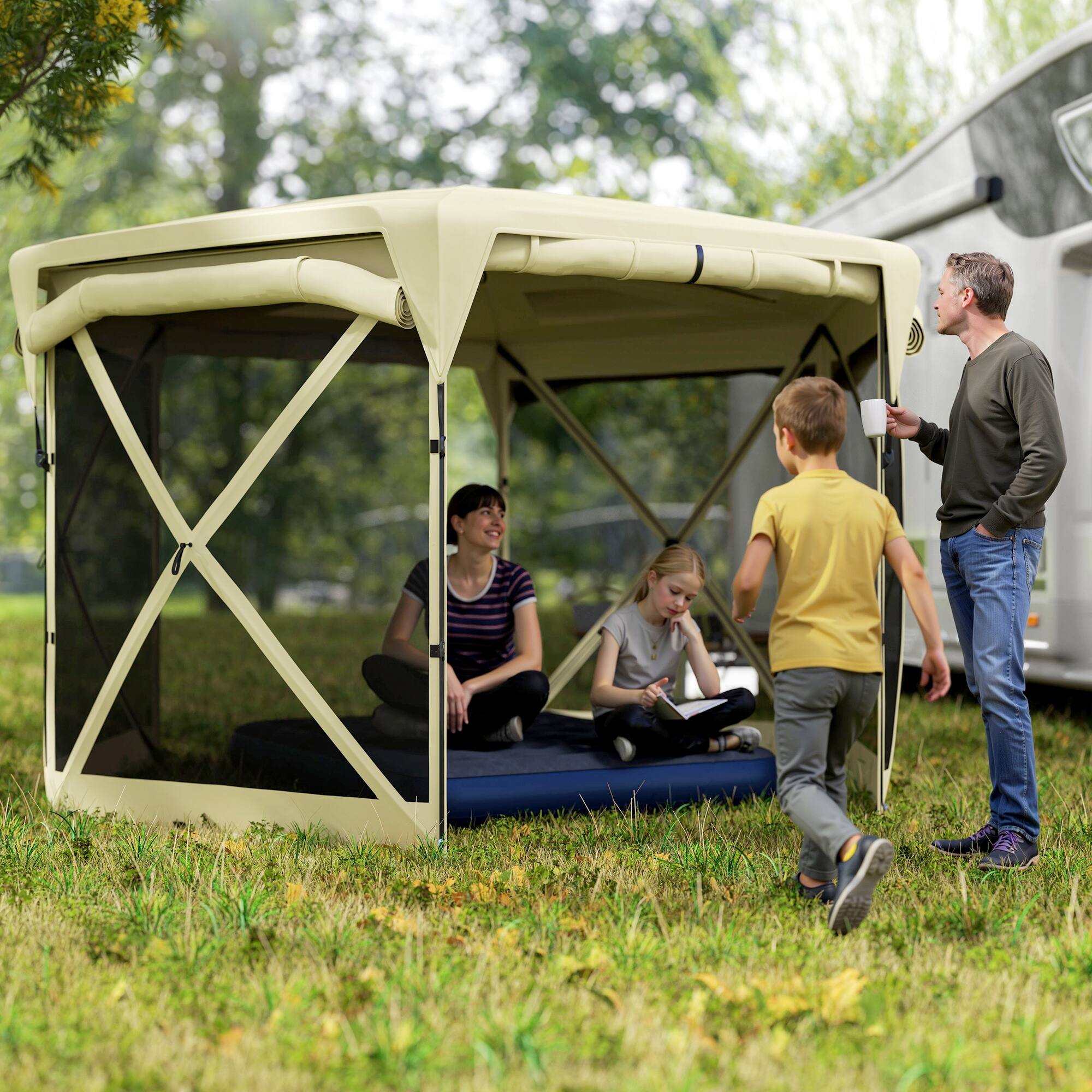 Angle. Outsunny - Pop Up Gazebo Screen Tent House, 11 x 11ft with UPF30+ Removable Roof Cover, 4 Roll-up Wind Panels and Carry Bag - Beige.