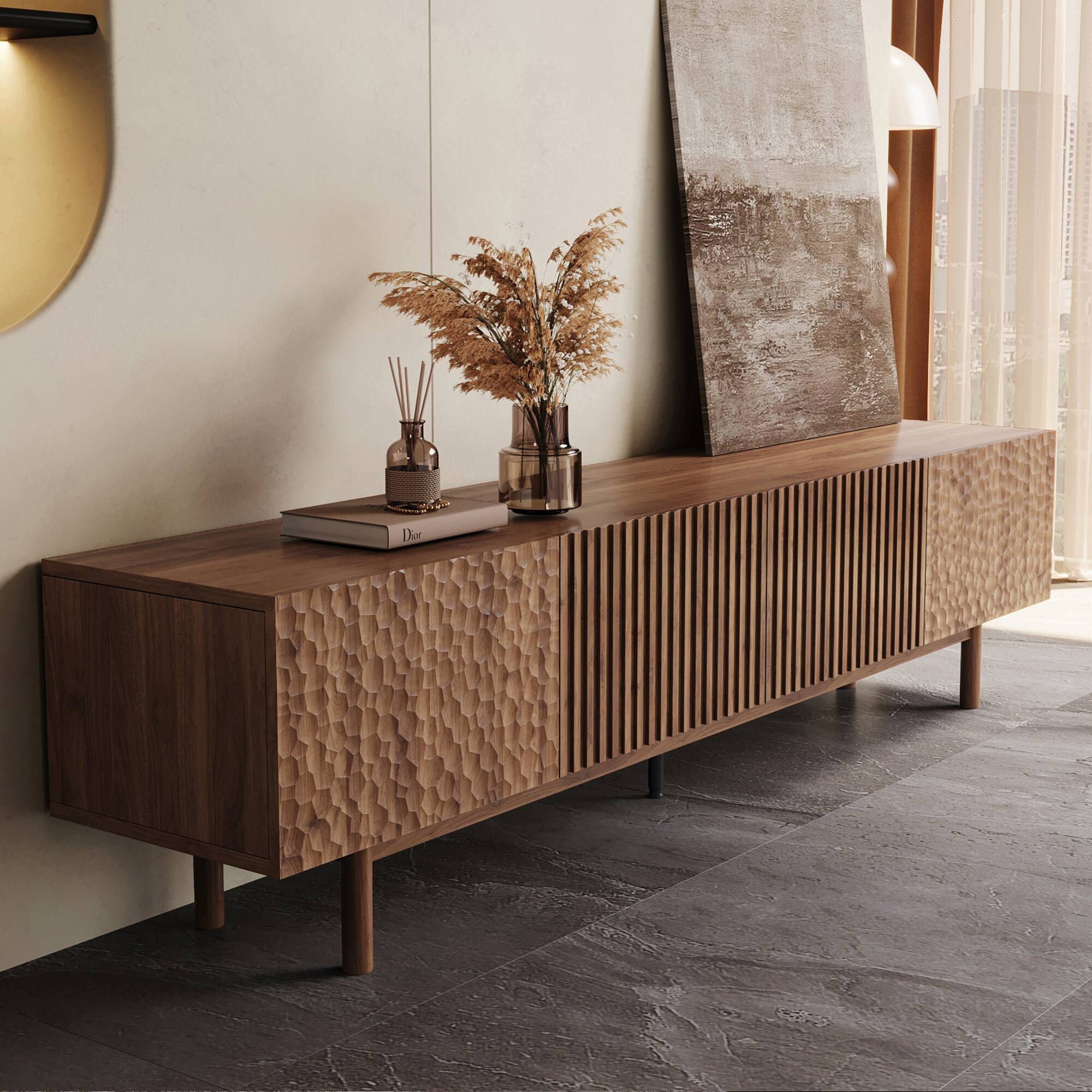 Angle. luck idea - 86.61" TV Stand and Media Console, Modern Entertainment Center with Ample Storage - Walnut Color.