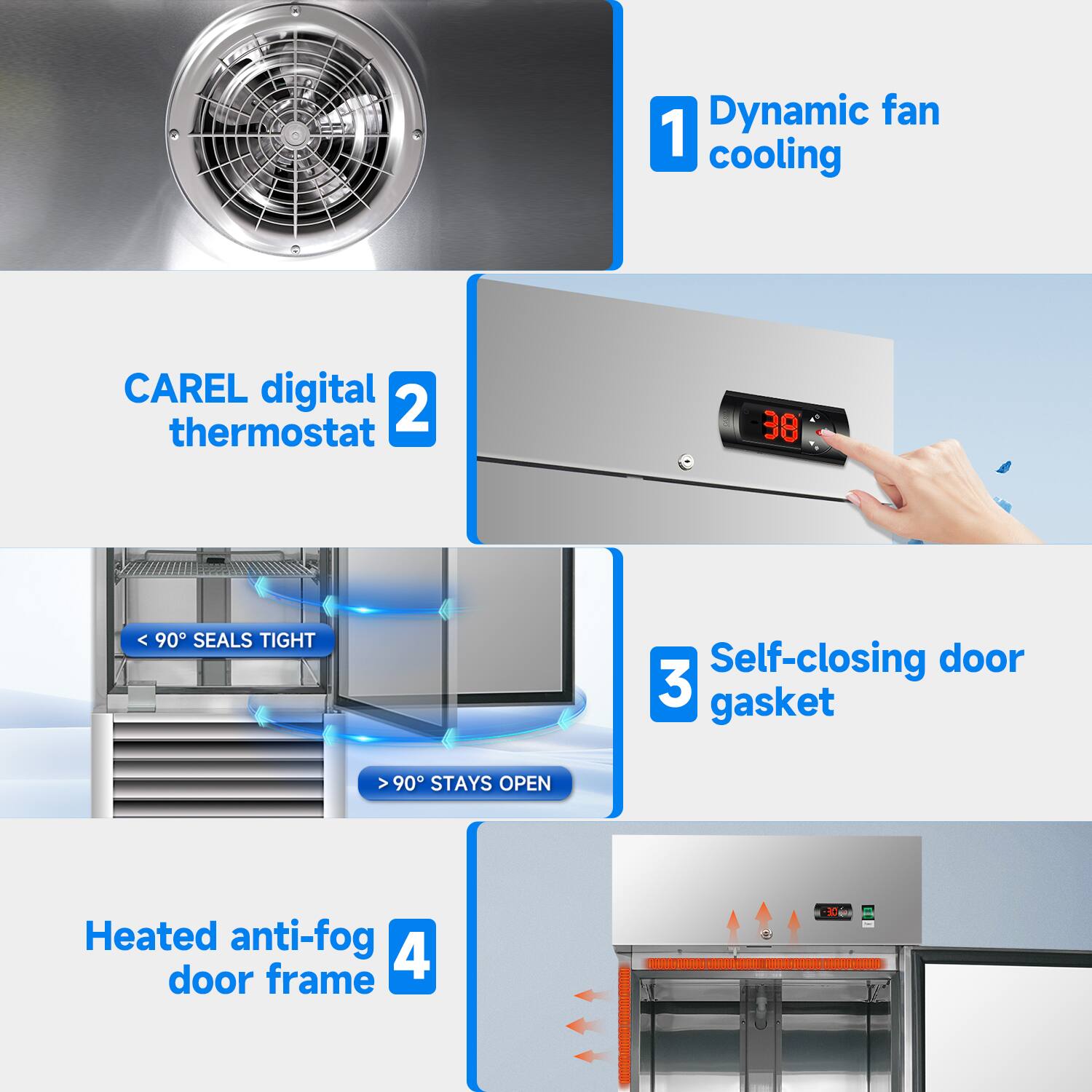 Dynamic fan 1 cooling  
CAREL digital thermostat 2  
38  
< 90 SEALS TIGHT  
Self-closing door 3 gasket  
> 90 STAYS OPEN  
Heated anti-fog door frame 4
