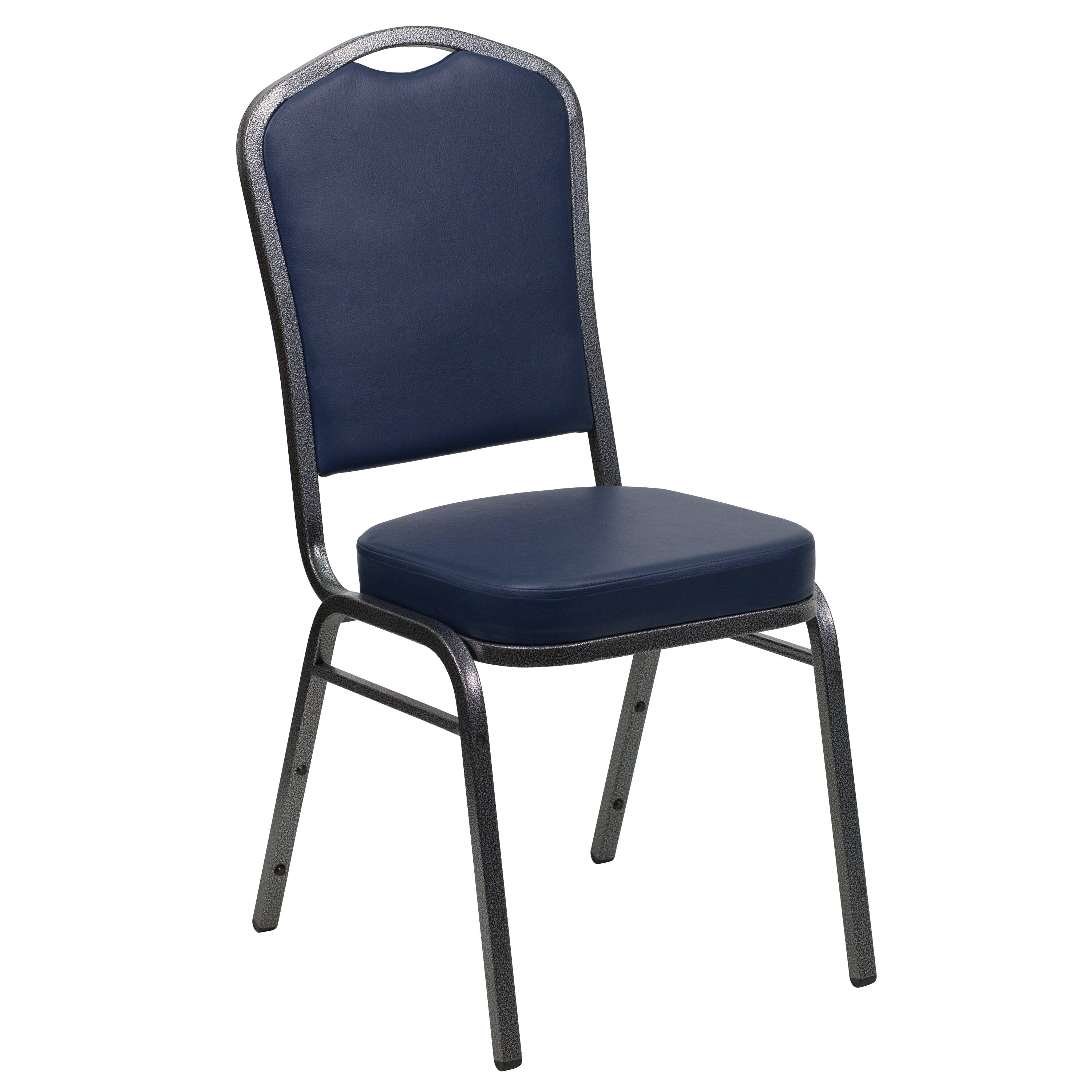 Front. Alamont Home - HERCULES Series Crown Back Stacking Banquet Chair - Navy Vinyl/Silver Vein Frame.