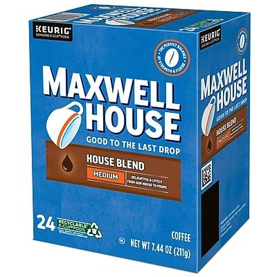 KEURIG GENUINE KCUPPODS  
KEURIG INEPERFEER  
10 BALANCE STREKSTA AFLAYOS  
MAXWELL HOUSE  
THE LAST DROP  
HOUSE BLEND  
MEDIUM  
DELICATE & FLAVORFUL  
FROM QUE UYELF HOUSE TO FOURS  
24 K-CUPPODS  
RECYCLABLE  
COFFEE  
NET WT 7.44 OZ (211g)