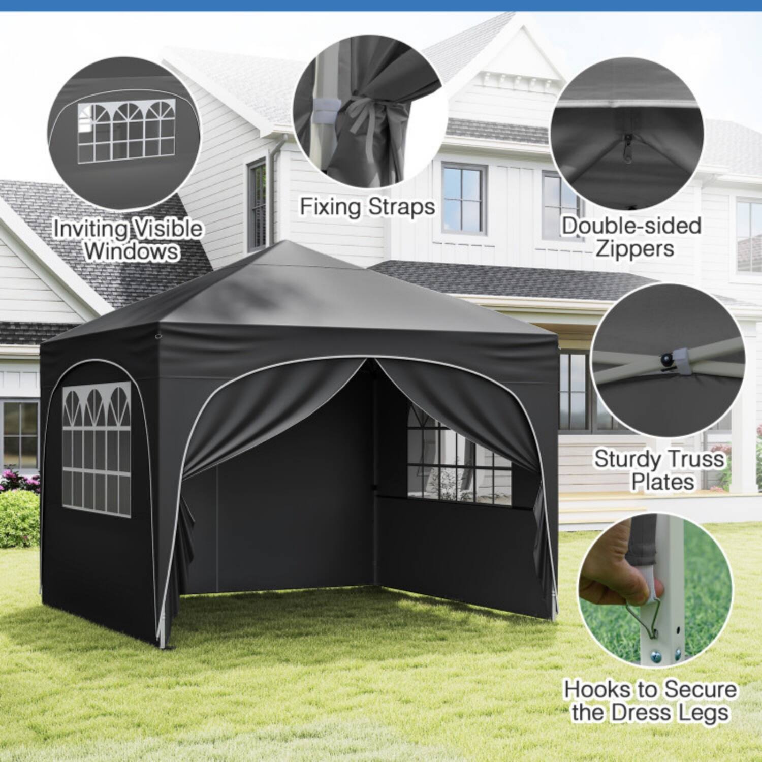 Inviting Visible Windows  
Fixing Straps  
Double-sided Zippers  
Sturdy Truss Plates  
Hooks to Secure the Dress Legs