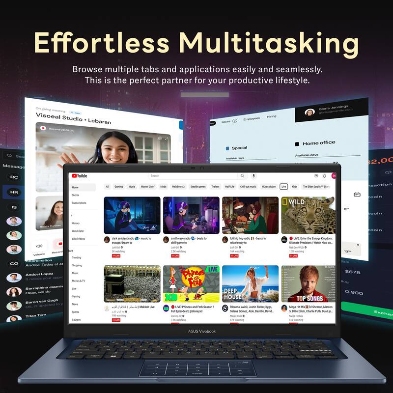 Effortless Multitasking  
Browse multiple tabs and applications easily and seamlessly.  
This is the perfect partner for your productive lifestyle.  

On going meeting  
Visoeal Studio Lebaran  
Record 09:24  

Employees  
Gloria Jennings  
wgmo.com  

Special Home office  

Search  
Message  

RC  
HR  
IS  
Poulube  

Subscriptions  
Saming  
M  

Search  
Maie  

dut ralduas  
-aus pe  
Saies  
Fach  

- - -as  
T Sonala  

WILD  
- 6 saction  
eoin  
ooin  
no mury  
S  
- ooin  
a  
- Soe  
R  
Valumia  

Trending  
coddination  
Artkonk  
Today  
Shopping  
Loper  
M  
Anchowi  
needs your app  
M  
Serraphina  
Jasmin  
U  
Okay  
- il do  
Cening  
VT  
Gogh  
Baron  
Sews  
OK  

1' updated  
sours  
THtan  
Tvrn  
coures  
-us  
a  
ado  
- escape/dvans  
waliting  
HM  
Matkal  

wting  
