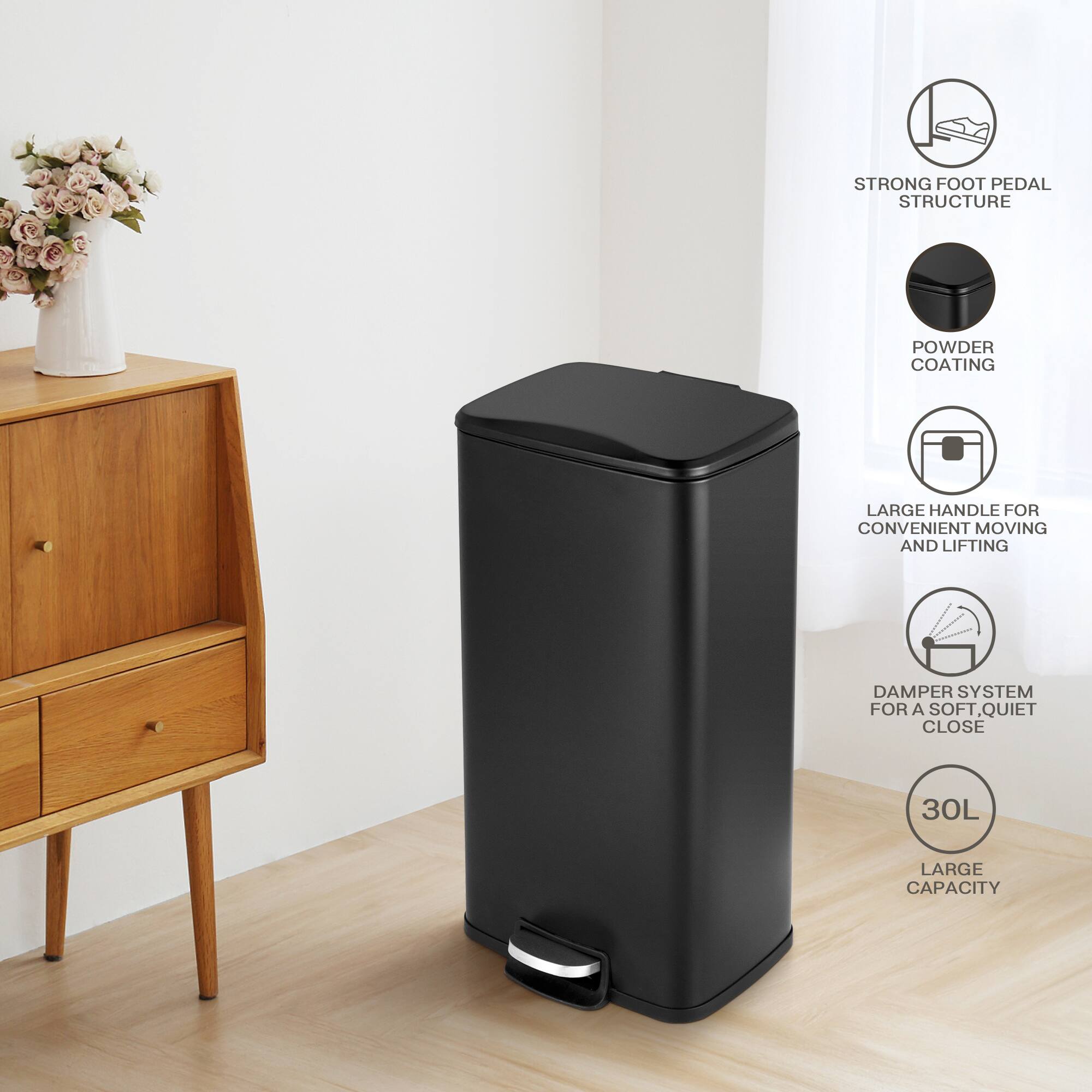 STRONG FOOT PEDAL STRUCTURE, POWDER COATING, LARGE HANDLE FOR CONVENIENT MOVING AND LIFTING, DAMPER SYSTEM FOR A SOFT, QUIET CLOSE, 30L LARGE CAPACITY